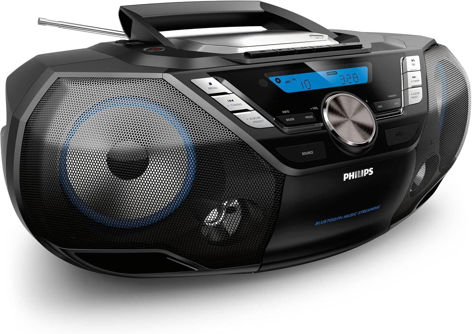 Philips AZB798T/12 CD Sound Machine, Portable CD and Cassette player DAB And FM Bluetooth, CD, MP3-CD, USB Host, Dynamic Bass, Bass Reflex, Remote, Sleep Timer - Black