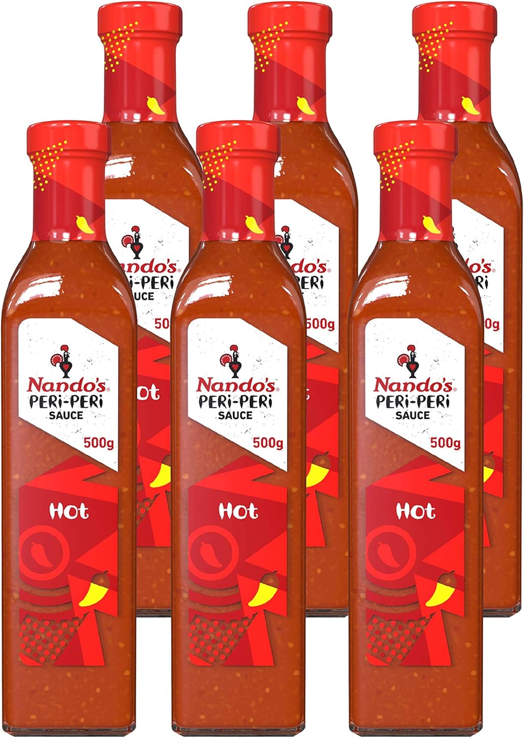 Nando's Hot PERi-PERi Sauce | Hot | No Artificial Colours or Flavours | Gluten Free (GF) | Halal | Vegetarian | 500g | Pack of 6