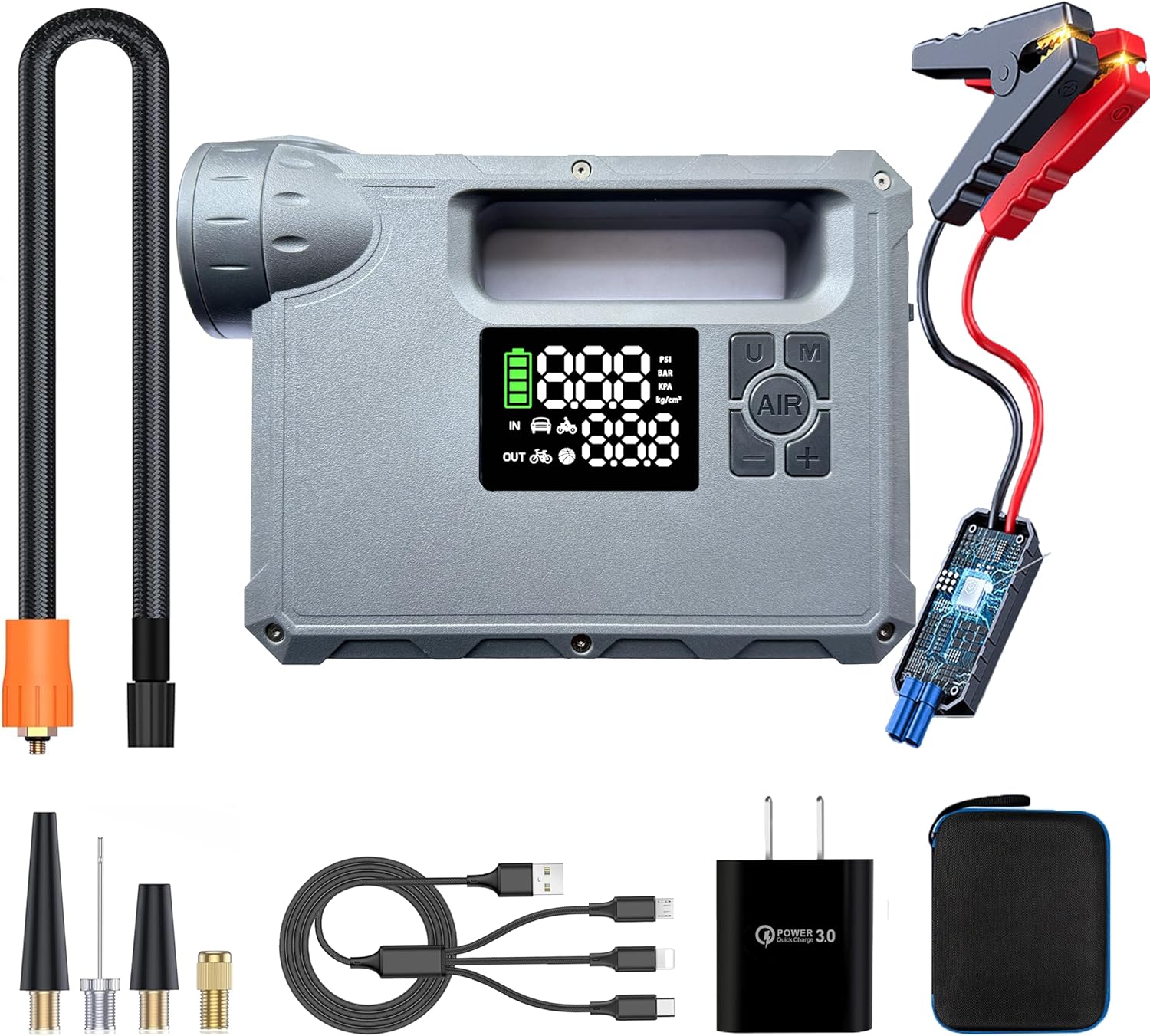 16000mAh & 2000A Jump Starter with Air Compressor, 2000 Lumen Camping Light & Flashlight, 150PSI & 2X Rapid Inflation Tire Inflator Portable Air Compressor Suitable for Car, Motorcycle, Bicycle, Ball