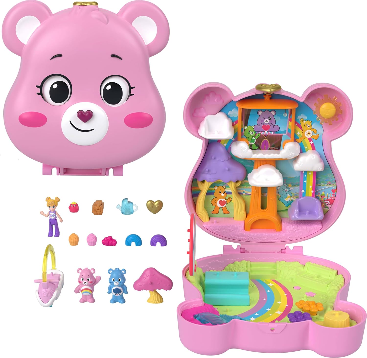 Polly Pocket x Care Bears Dolls & Playset with Toy Car and Themed Accessories, Travel Toy, Partnership Compact