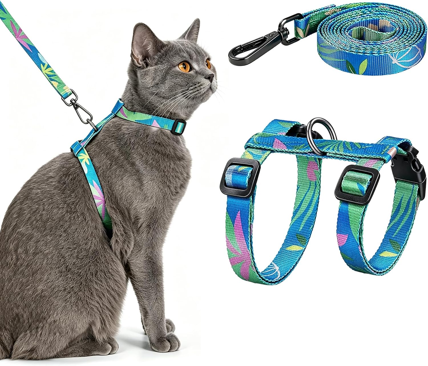 1 Pack Escape Proof Adjustable Cat Harness and Leash Set,Soft Lightweight Kitten Collar with Harness Lead,Breathable No-Choke Webbing