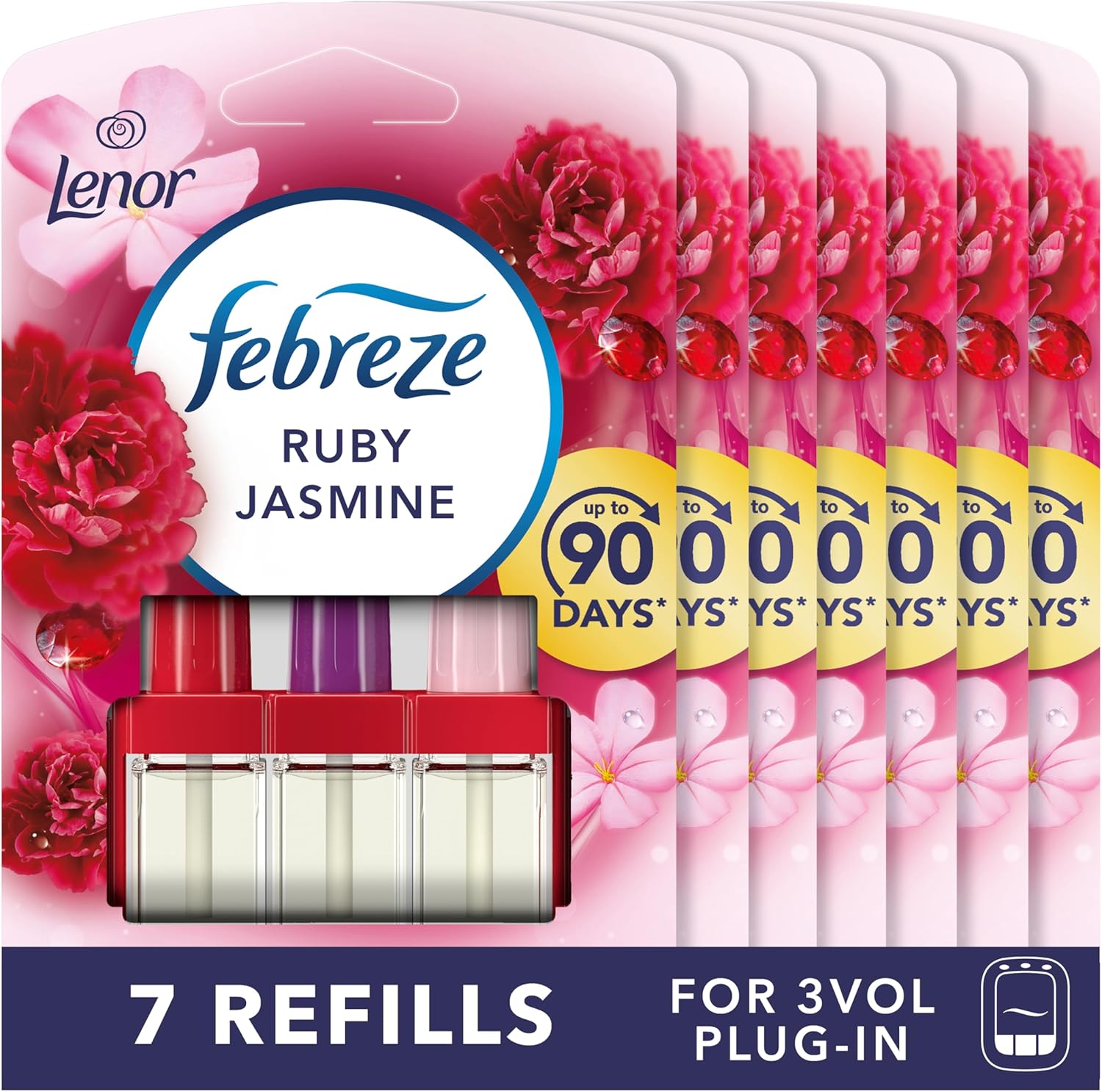 Febreze 3Volution Plug-In Air Freshener Refill, Ruby Jasmine, 7 Refills (20ML x 7), Odour Fighter & Bathroom Freshener