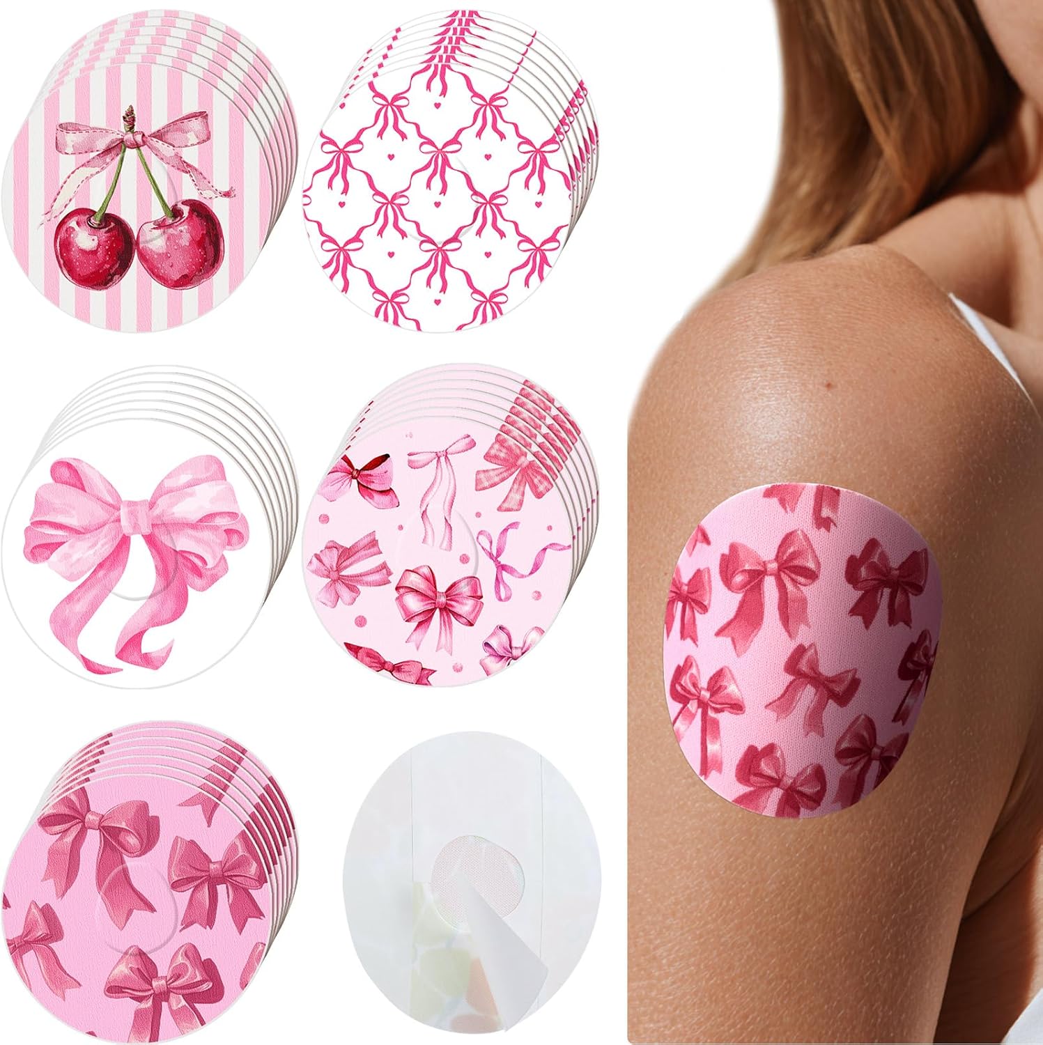 Geiserailie 30 PCS Adhesive Patch Compatible with Freestyle Libre 3 Pre-Cut Flowers Pink Bow NO Glue in The Center Sensor Cover for Continuous Glucose Monitor Long Fixation Flexible Breathable