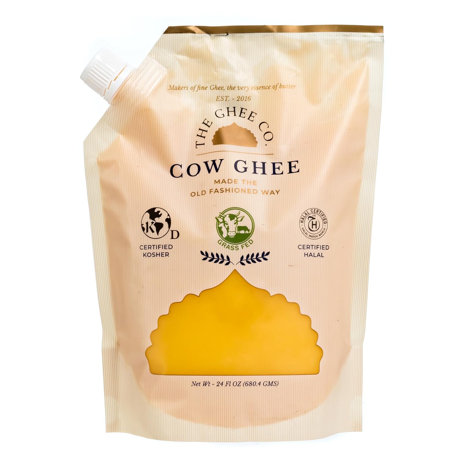 The Ghee Co. - 24 Fl Oz Eco refill pouch ,Crafted homestyle with Real Butter, Grass Fed, Certified Non-GMOs, Certified, Kosher & Halal , Paleo & Keto-friendly , Lactose & Casein Free, Naturally long shelf life of 36 months