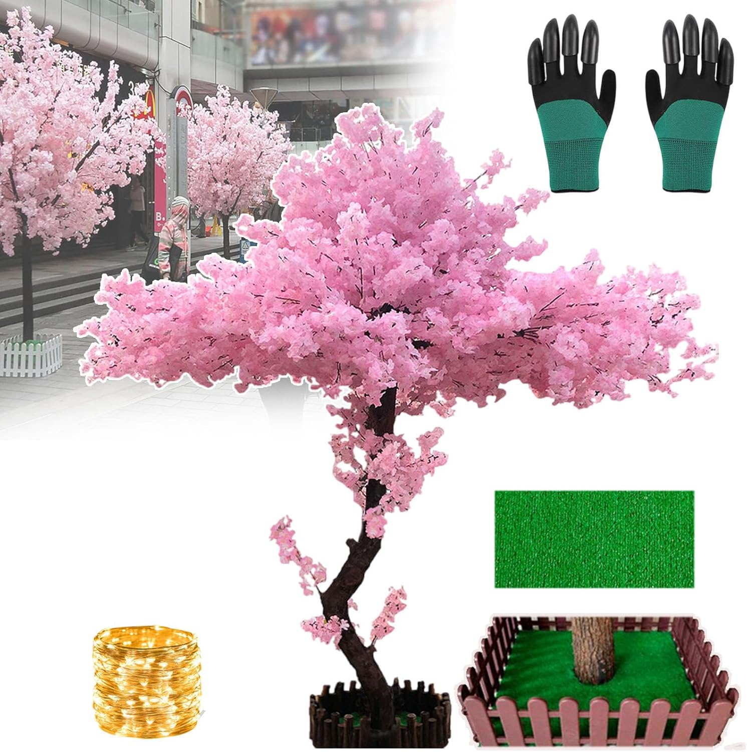 smafoseedding Handmade Fake Cherry Blossom Tree,Simulated Cherry Blossom Trees,With Two Pairs Of Gardening Gloves,Solid Wood Trunk & Silk Leaves,For Weddings/Celebrations/Parties/Gardens,2.5 * 2m
