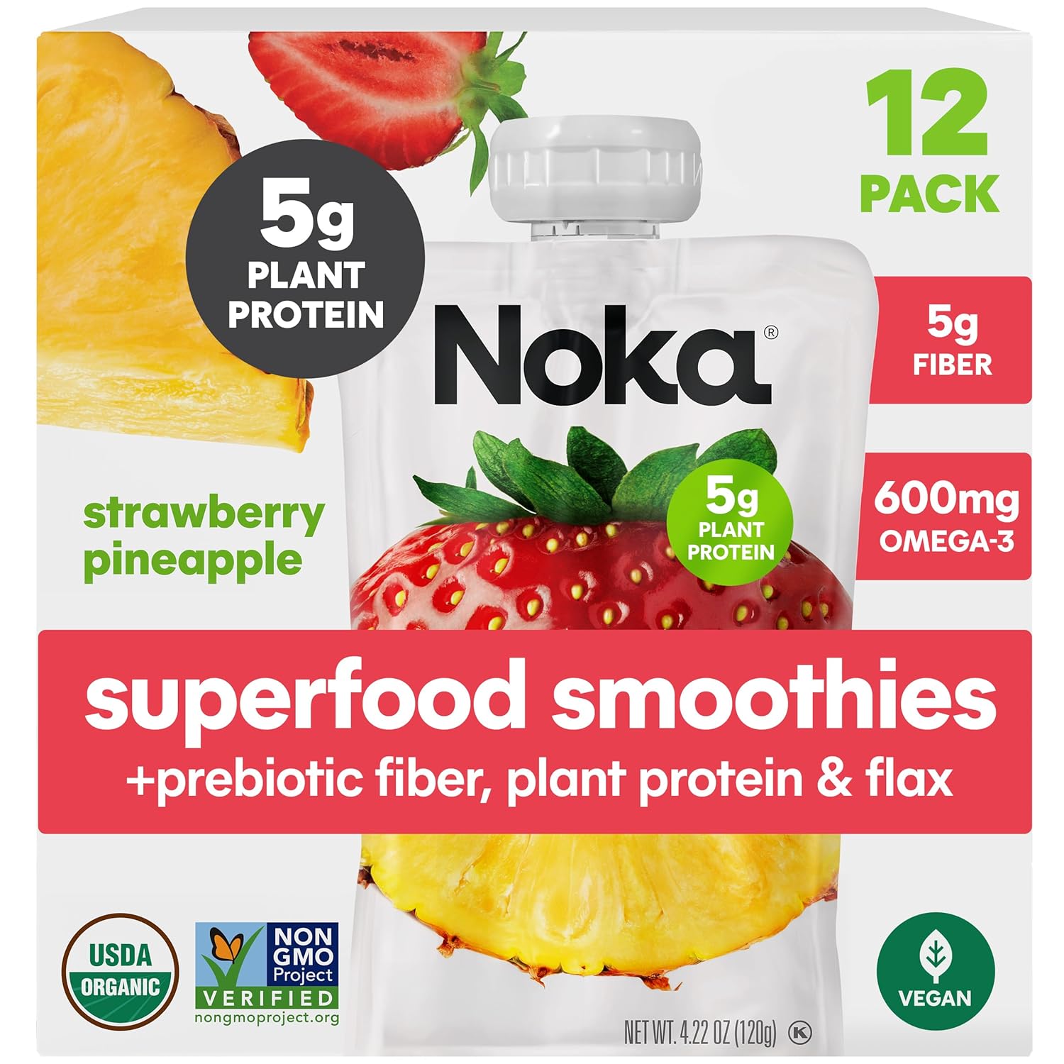 Noka Superfood Fruit Smoothie Pouches, Strawberry Pineapple, Healthy Snacks with Flax Seed, Prebiotic Fiber and Plant Protein, Vegan and Gluten Free, Organic Squeeze Pouch, 4.22 oz, 12 Count