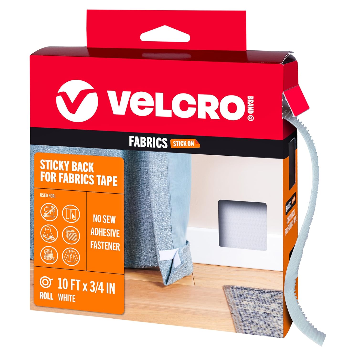 VELCRO Brand Sticky Back for Fabrics, 10 Ft Bulk Roll No Sew Tape with Adhesive, Cut Strips to Length Permanent Bond to Clothing for Hemming Replace Zippers and Snaps, White