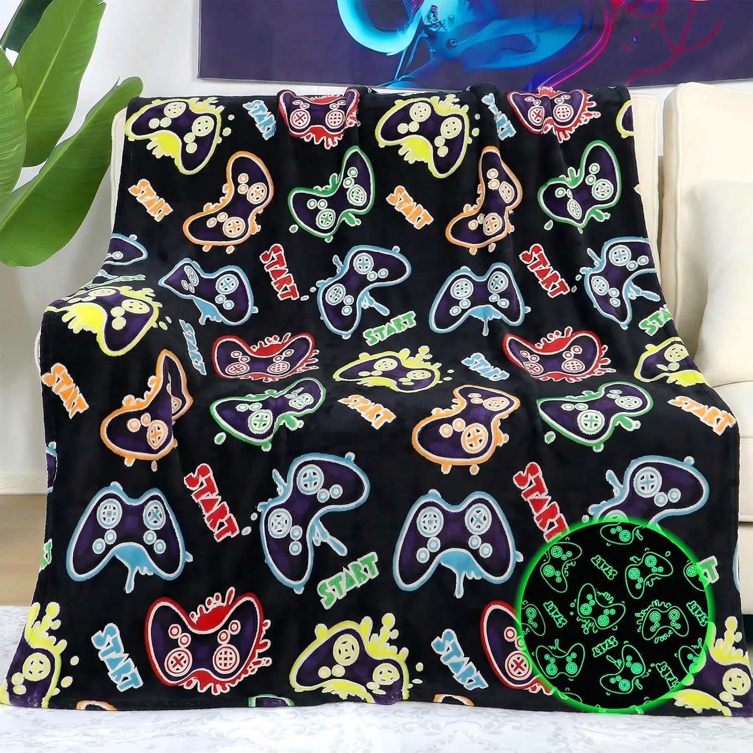 Gamer Gifts for Boys Glow in The Dark Gaming Blanket for Kids, Birthday Gifts for Boys Age 8-12, Game Controller Throw Blanket, Soft Kids Blanket for Game Room Decor 40"x60"