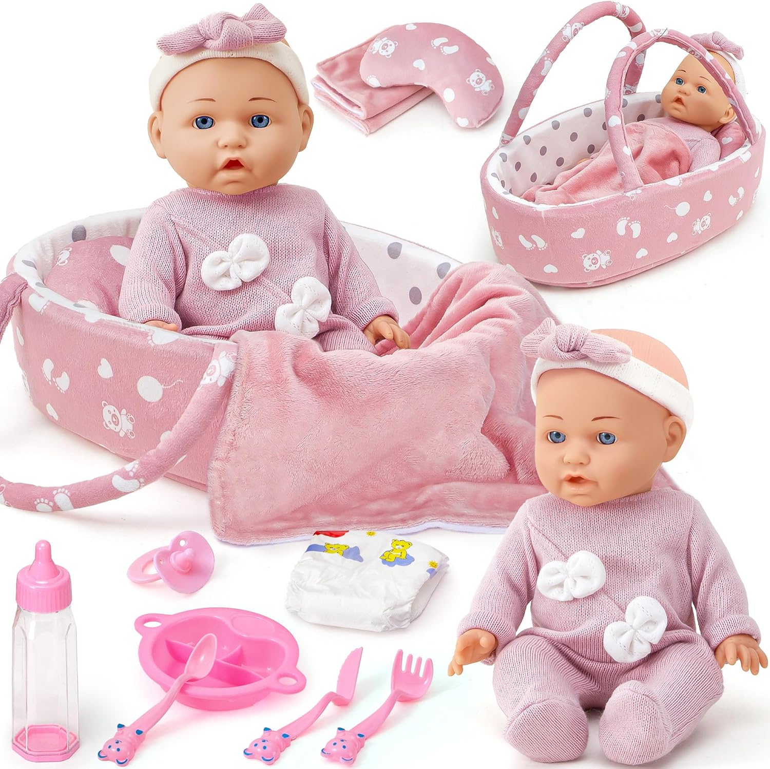 vamei Baby Doll Set, 14 Inches Baby Born Dolls for Girls, Baby Doll Accessories with Clothes Carrier Bassinet Bed Bottle Feeding Set, Pretend Play Toddler Toys Gift for 3 4 5 6 Years Old Girls