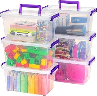 IRIS USA Plastic Storage Bins with Lids 5.4 Qt. Craft Organizers and Storage with Handle, Art Supply Storage Organizer, Arts and Crafts Organizer, Stackable and Secure Latch, Clear/Violet - 6 Pack