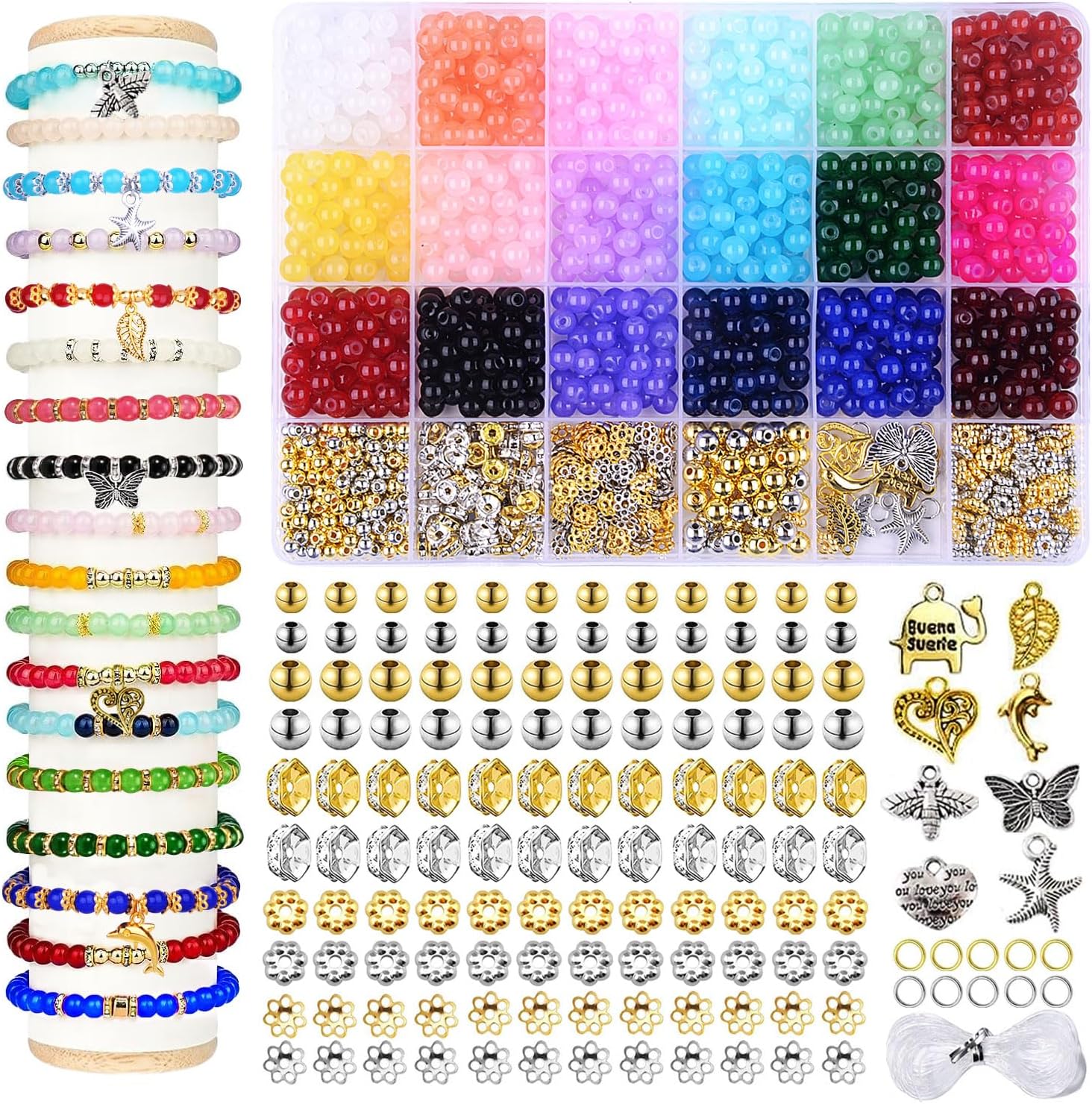 1280pcs 6mm Glass Beads for Bracelets, Bracelet Making Kit 24 Style Crystal Beads for Jewelry Making Round Beads DIY Crafts with Spacer Beads Charms Accessories