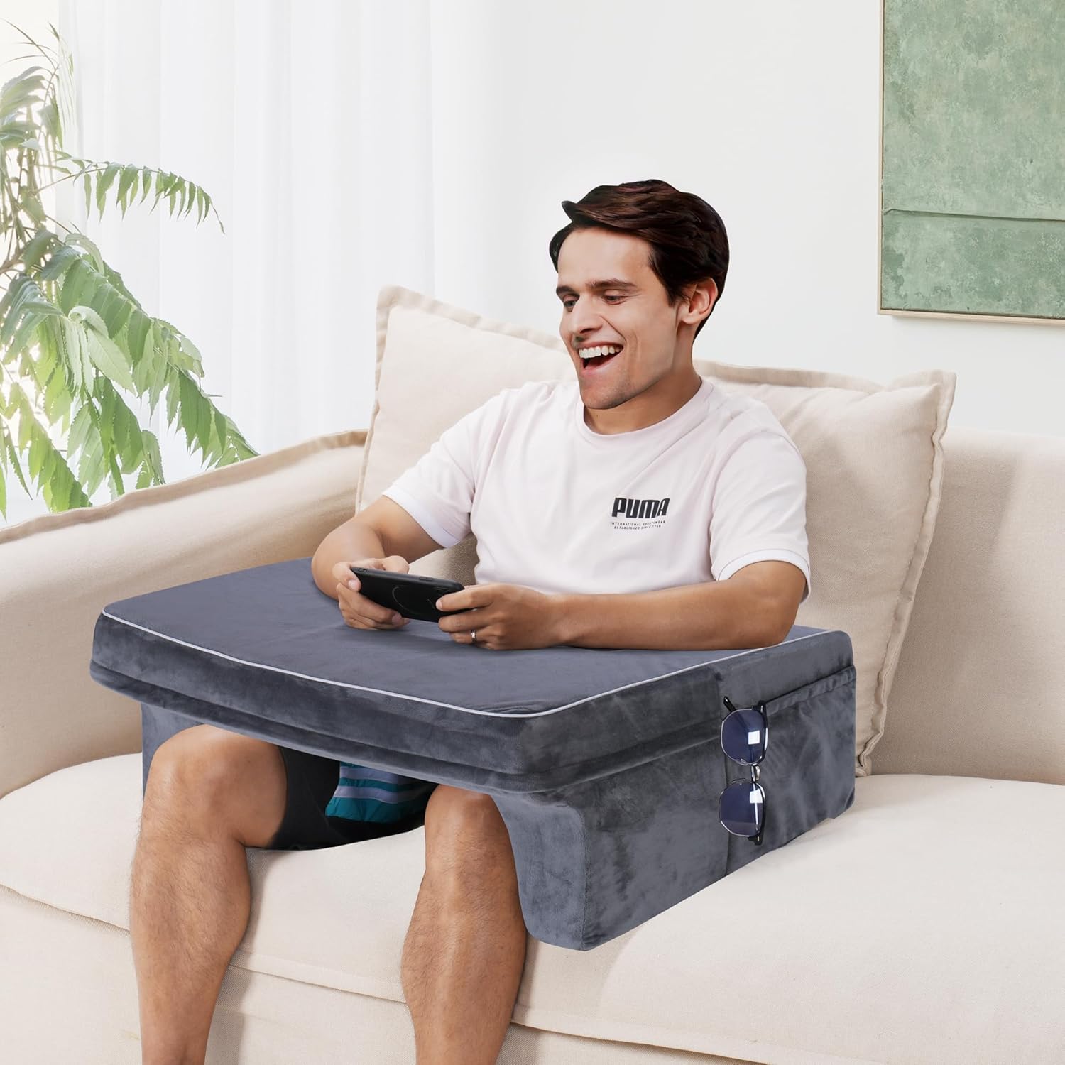 Rengue Large Reading Pillow with Arm Support and Memory Foam, Perfect for Gaming, Reading, and Working in Bed or on The Sofa, Removable Cover, Grey