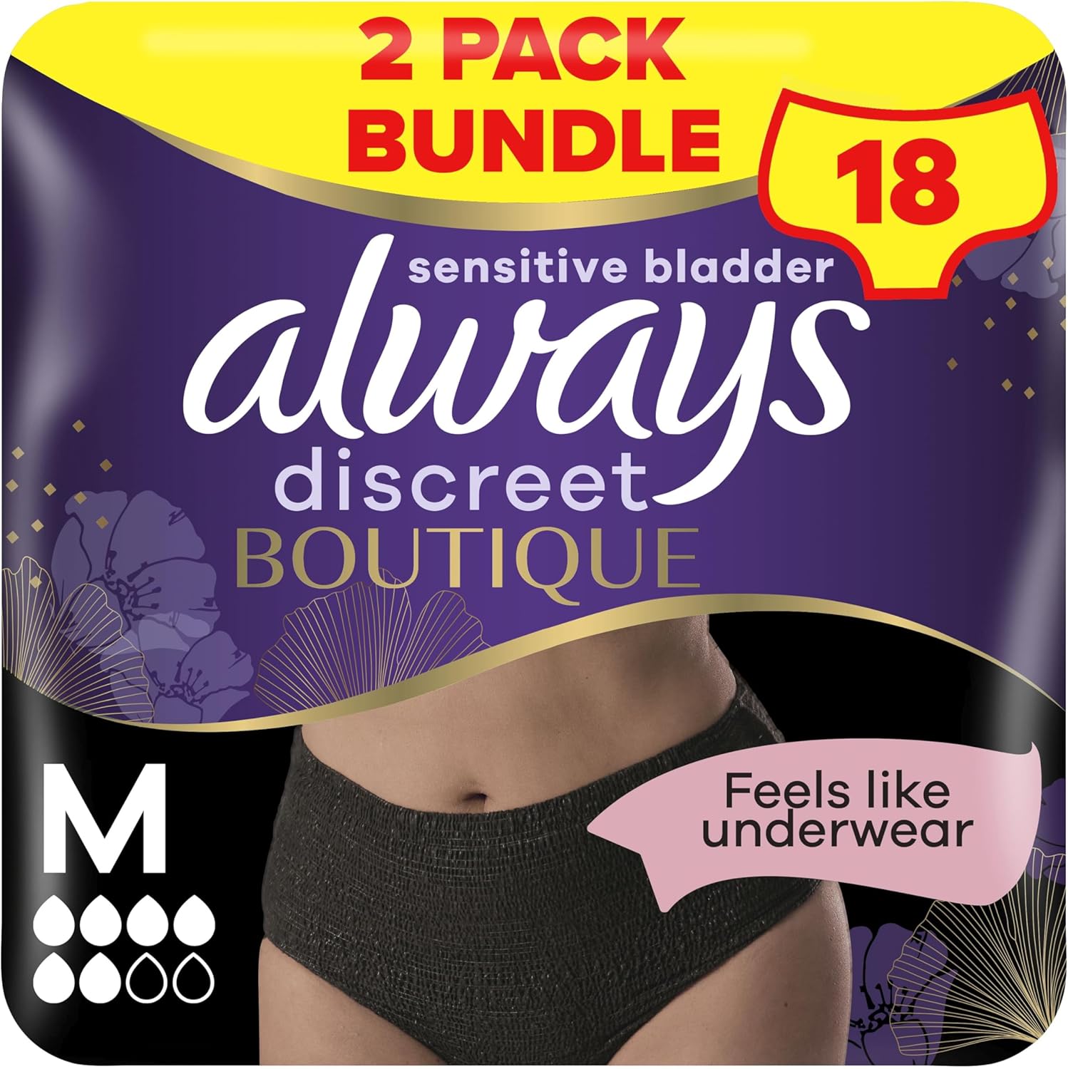 Always Discreet Boutique Incontinence Pants Women, Medium Size, Black, 18 High Absorbency Plus Pants (9 x 2 Packs), Odour Neutraliser, Softness and Protection, For Sensitive Bladder