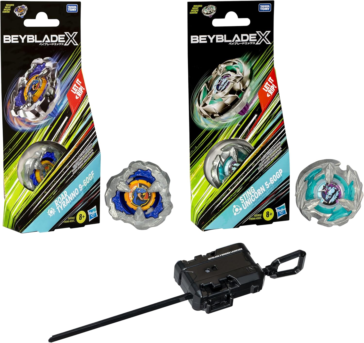 Beyblade X Roar Tyranno 9-60GF, Sting Unicorn 5-60GP & Official Winder Launcher Bundle Pack (Amazon Exclusive)