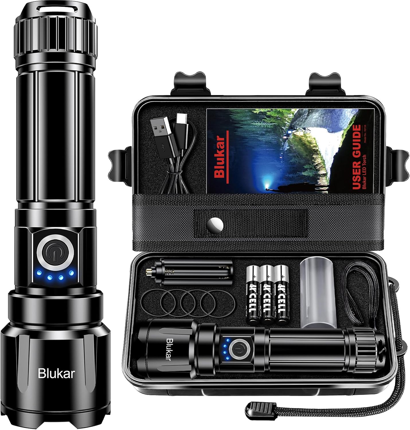 Blukar LED Torch Rechargeable, Super Bright Torches High Lumens -Adjustable Focus, 5 Modes, 5000 mAh Long Lasting, IP67 Waterproof, Powerful Handheld Flashlight for Camping, Hiking, Emergency