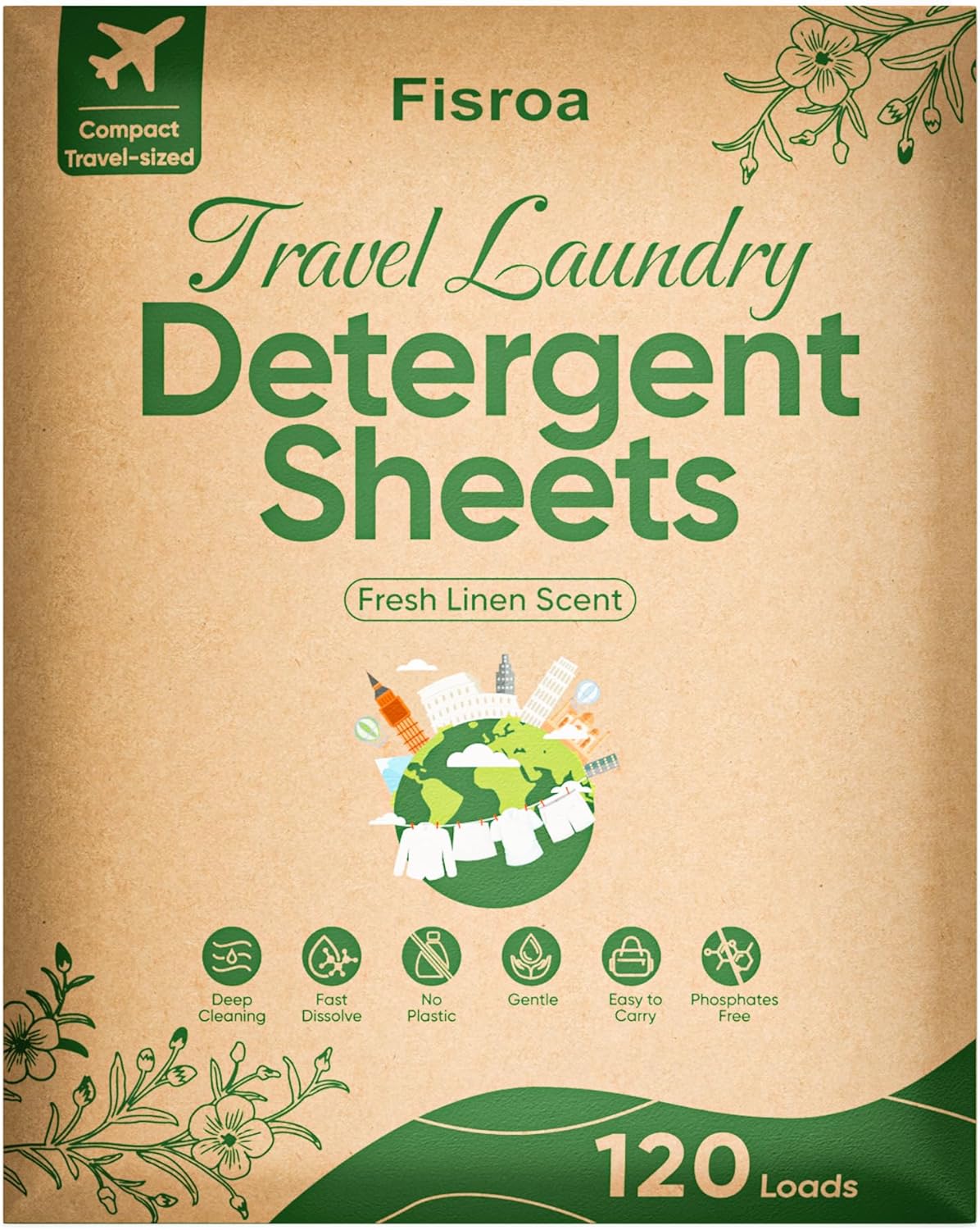 Eco-friendly Travel Laundry Detergent Sheets, 120 Loads, Fresh Linen Scent, Plastic-Free, High Efficiency, Sheets