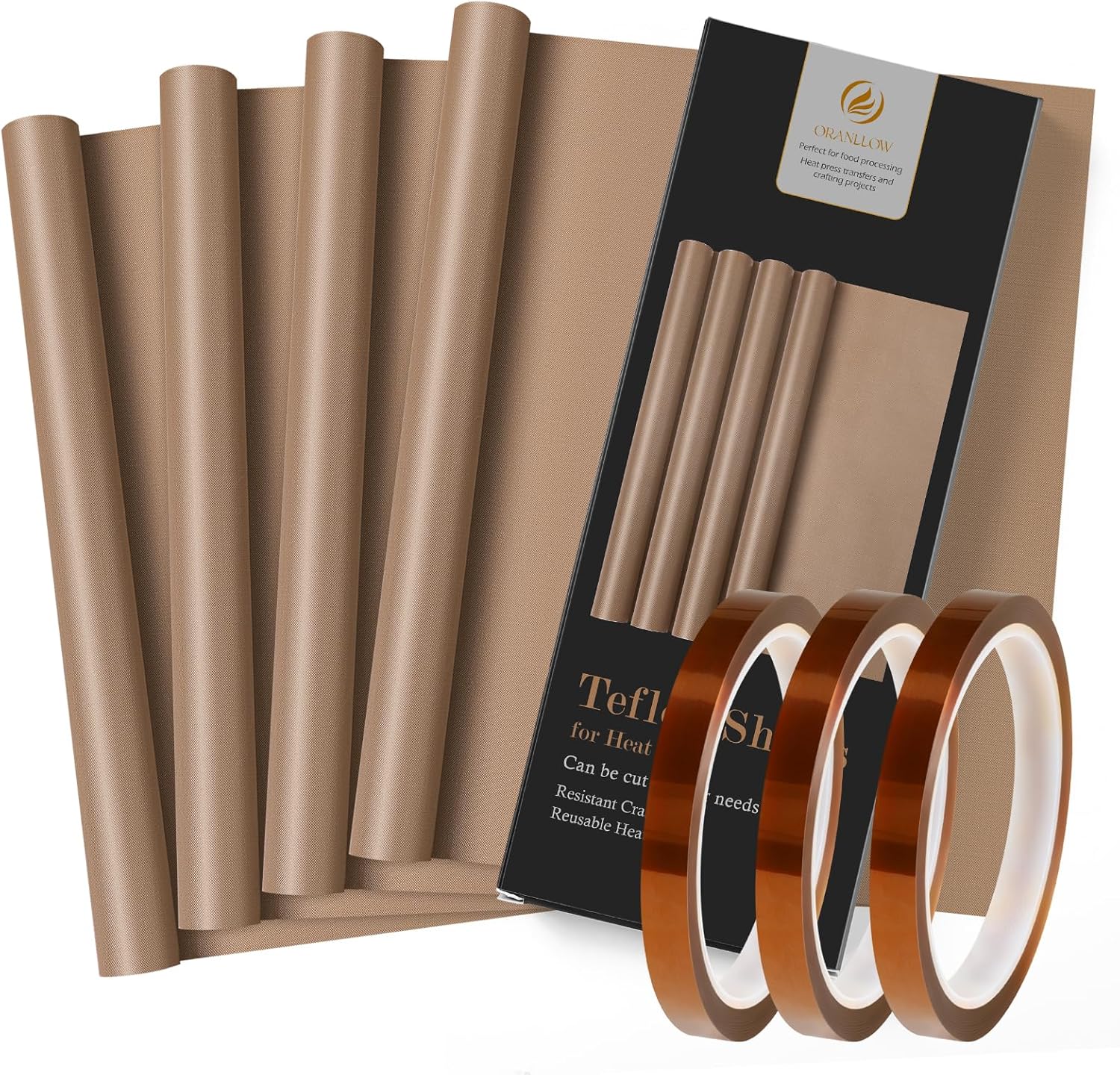 Oranllow 4 Pack PTFE Teflon Sheets for Heat Press, 16x12 Non-Stick Transfer Sheet Heat Press with 3 Rolls Transfer Tape Set for Sublimation Heat Resistant (16x12" Teflon Sheet 4P & 10mm Heat Tape