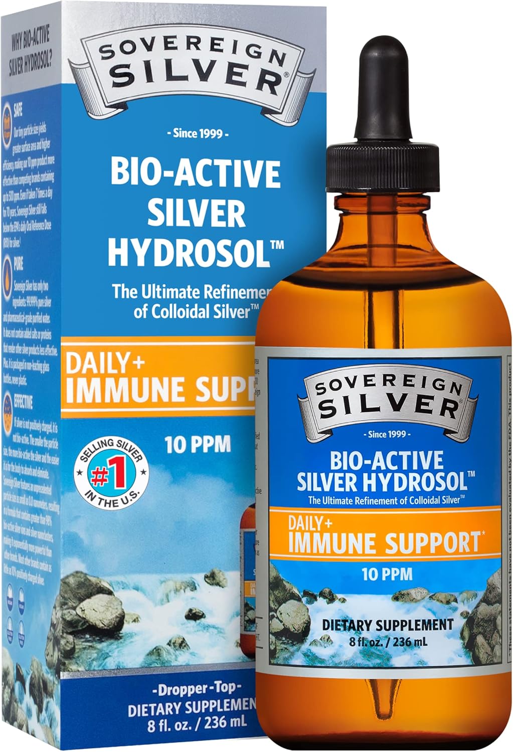 Sovereign Silver Bio-Active Silver Hydrosol for Immune Support - Colloidal Silver - 10 ppm, 8oz (236mL) - Dropper