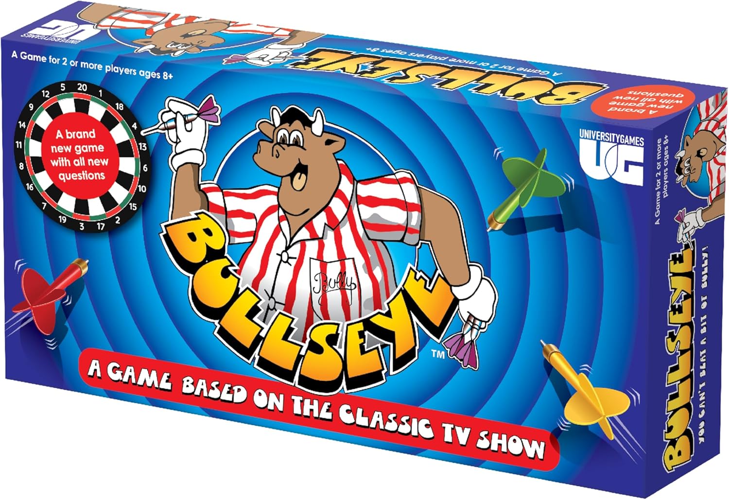Bullseye Board Game, Classic TV Show Quiz with Magnetic Darts, Ages 14+, 2-8 Players, Blue