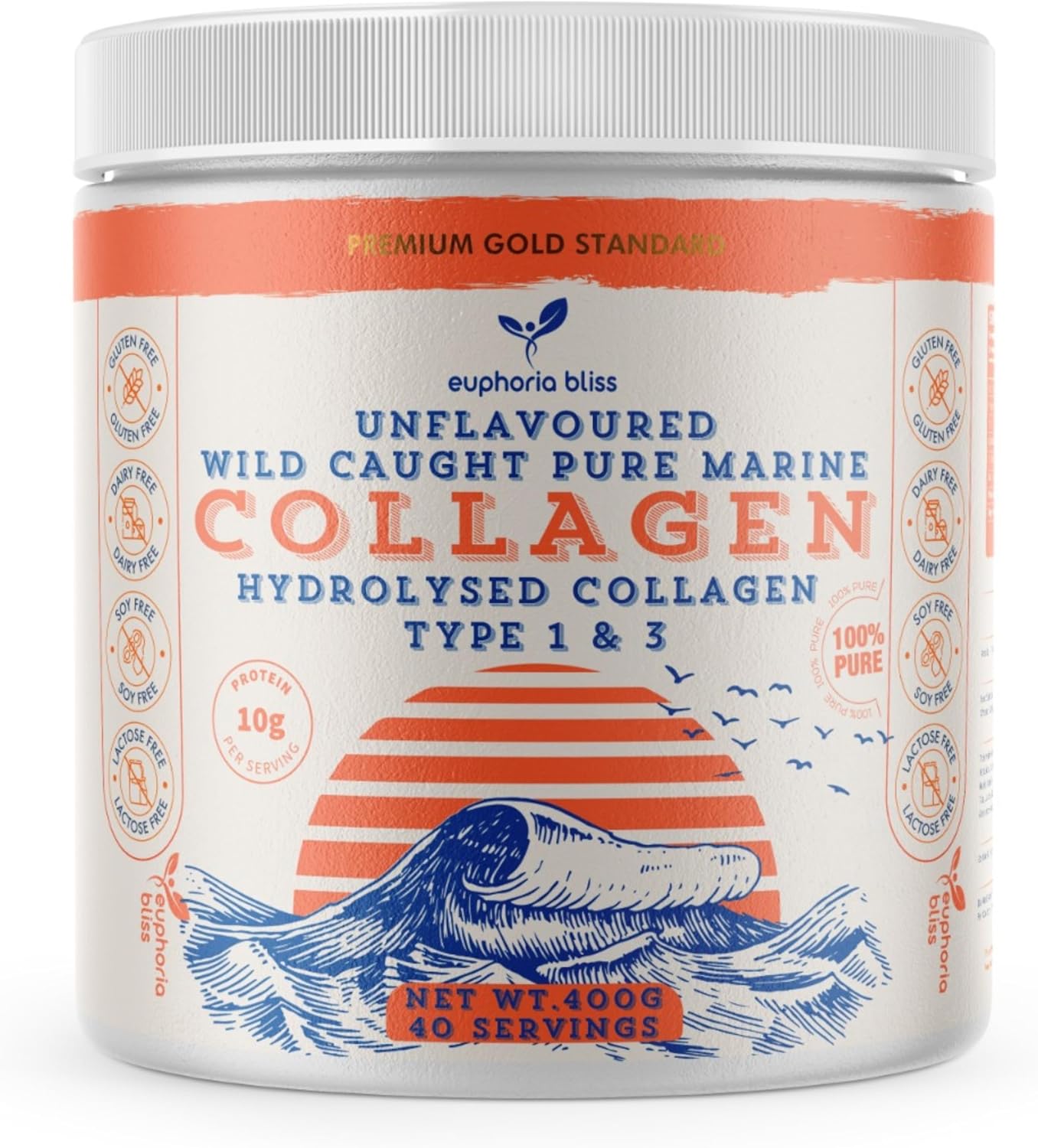 Marine Collagen Powder Type 1 & 3 | Wild Caught Fish | Non-GMO | Unflavoured for Women & Men | Healthy Skin, Hair, Joints & Bones | 400G