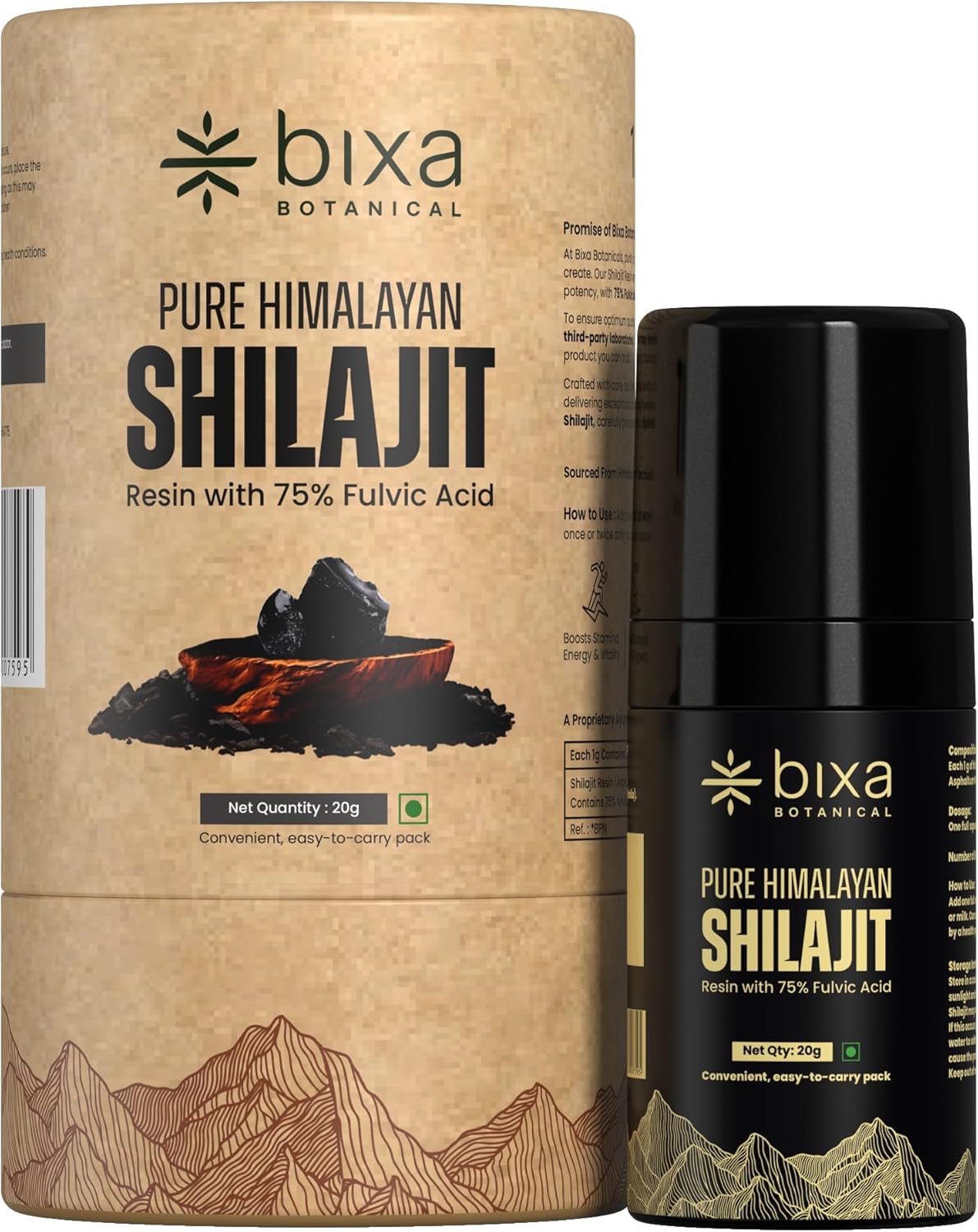 bixa BOTANICAL Pure Himalayan Shilajit for Men with 75% Fulvic Acid – Supports Energy, Stamina & Muscle Health – Fast-Dissolving, Lab-Tested, Vegan, Mess-Free Pump, Easy to Carry, 20g (50 Servings)