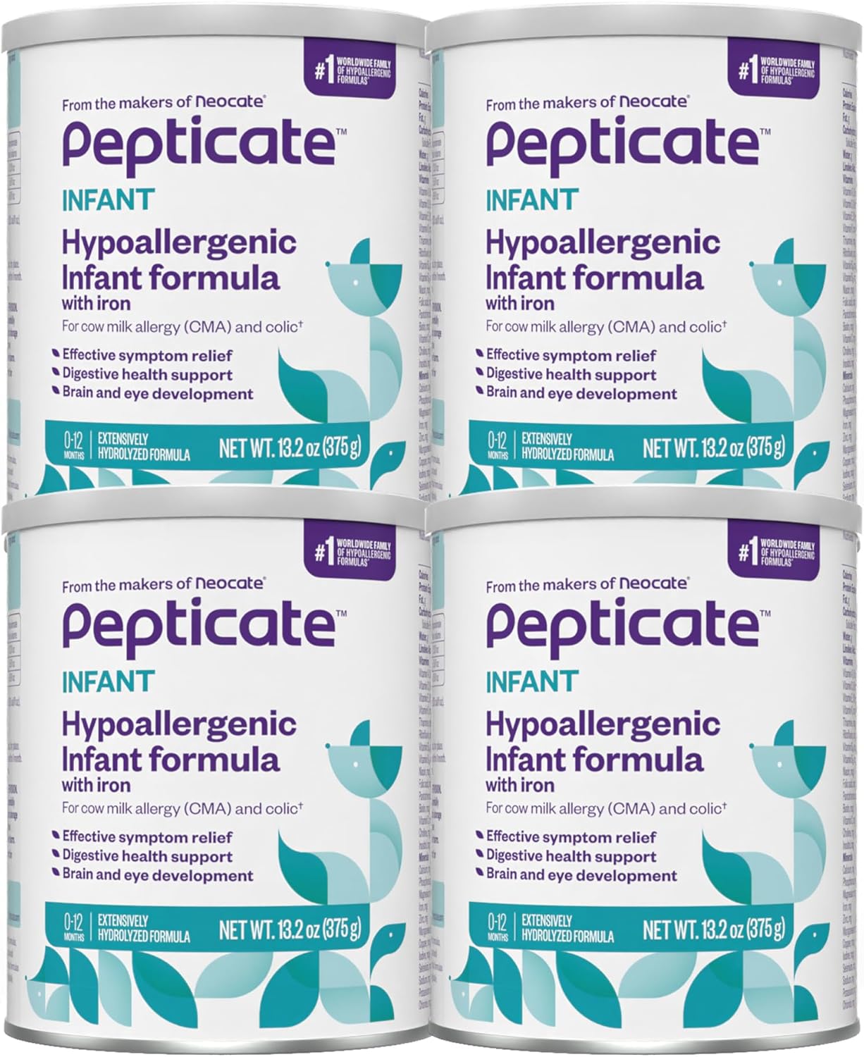 Pepticate Baby Formula, Hypoallergenic Powdered Infant Formula for Cow Milk Allergy, with Omega 3 DHA, ARA, Iron & Prebiotics, 13.2oz (Pack of 4)