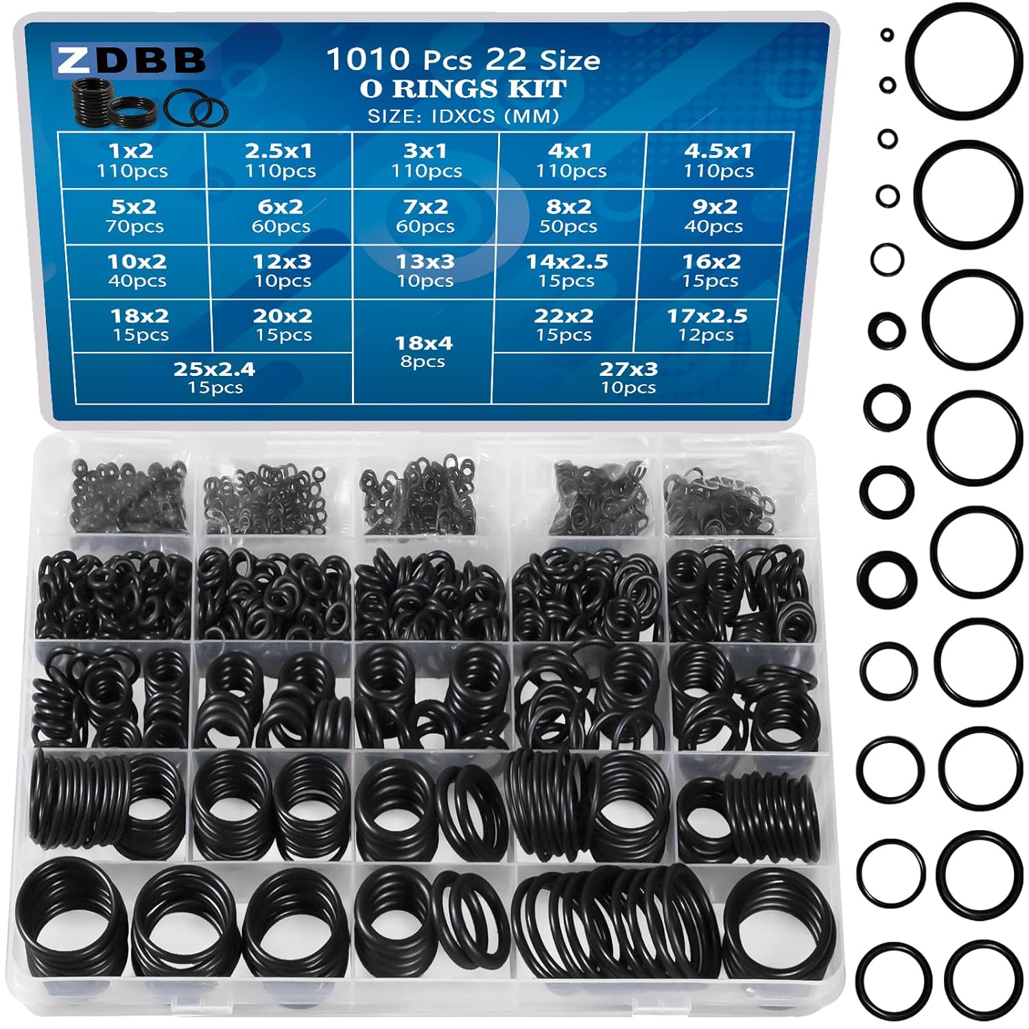ZDBB 1010 Pcs Rubber O Rings Kit 22 Size Universal O-Ring Assortment Set for Automotive Faucet Pressure Washers Plumbing Sealing Repair,Air or Gas Connections,Resist Oil and Heat