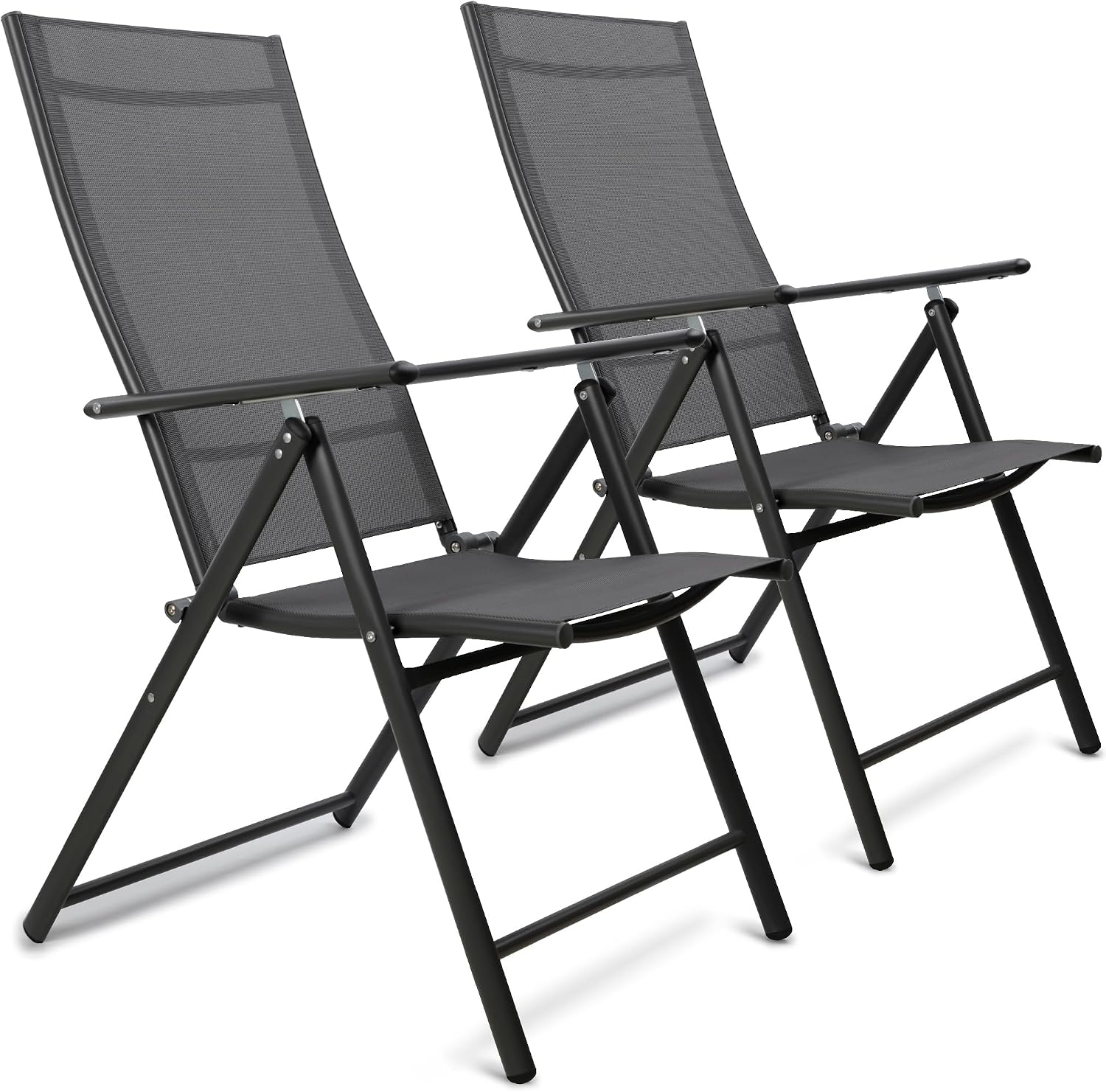 SUNMER Folding Garden Chairs - Set of 2 High Back, 7-Position Reclining Sun Lounger - 120kg Heavy Duty Capacity, Lightweight 5.1kg Portable Design - Professional Outdoor Recliner Seating - Grey