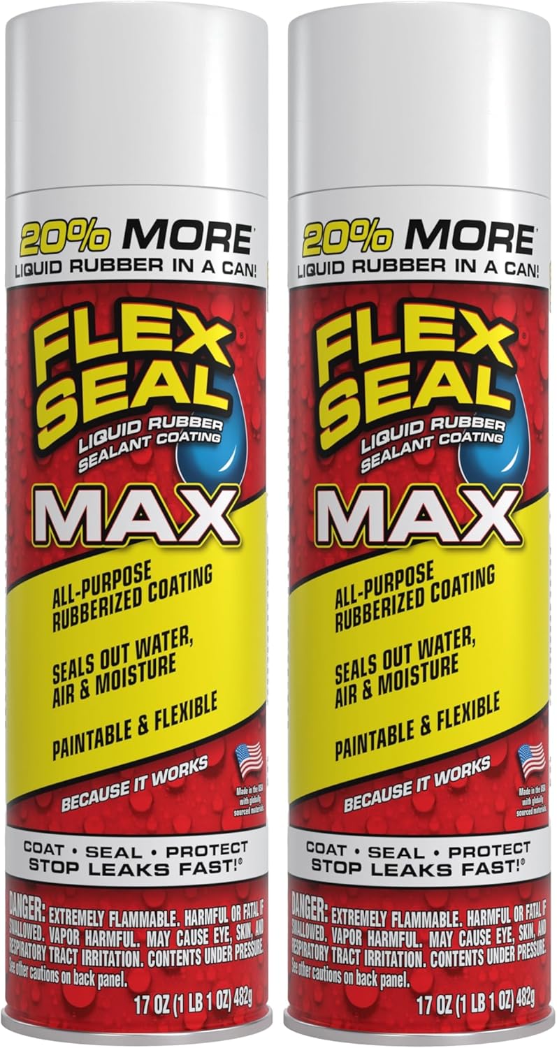 Flex Seal MAX, 17 oz, 2-Pack, White, Stop Leaks Instantly, Waterproof Rubber Spray On Sealant Coating, Perfect for Gutters, Wood, RV, Campers, Roof Repair, Skylights, Windows, and More