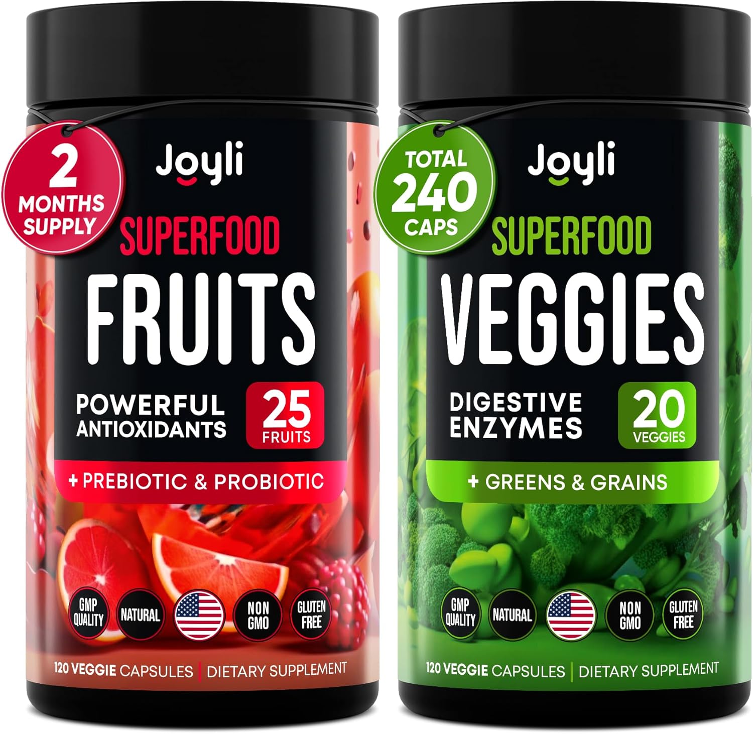 Fruits and Veggies Supplement - High Fiber Supplement for Immunity, Gut & Energy - Super Reds & Super Greens Supplements with Marshmallow Root - 240 Reds and Super Greens Powder Superfood Capsules
