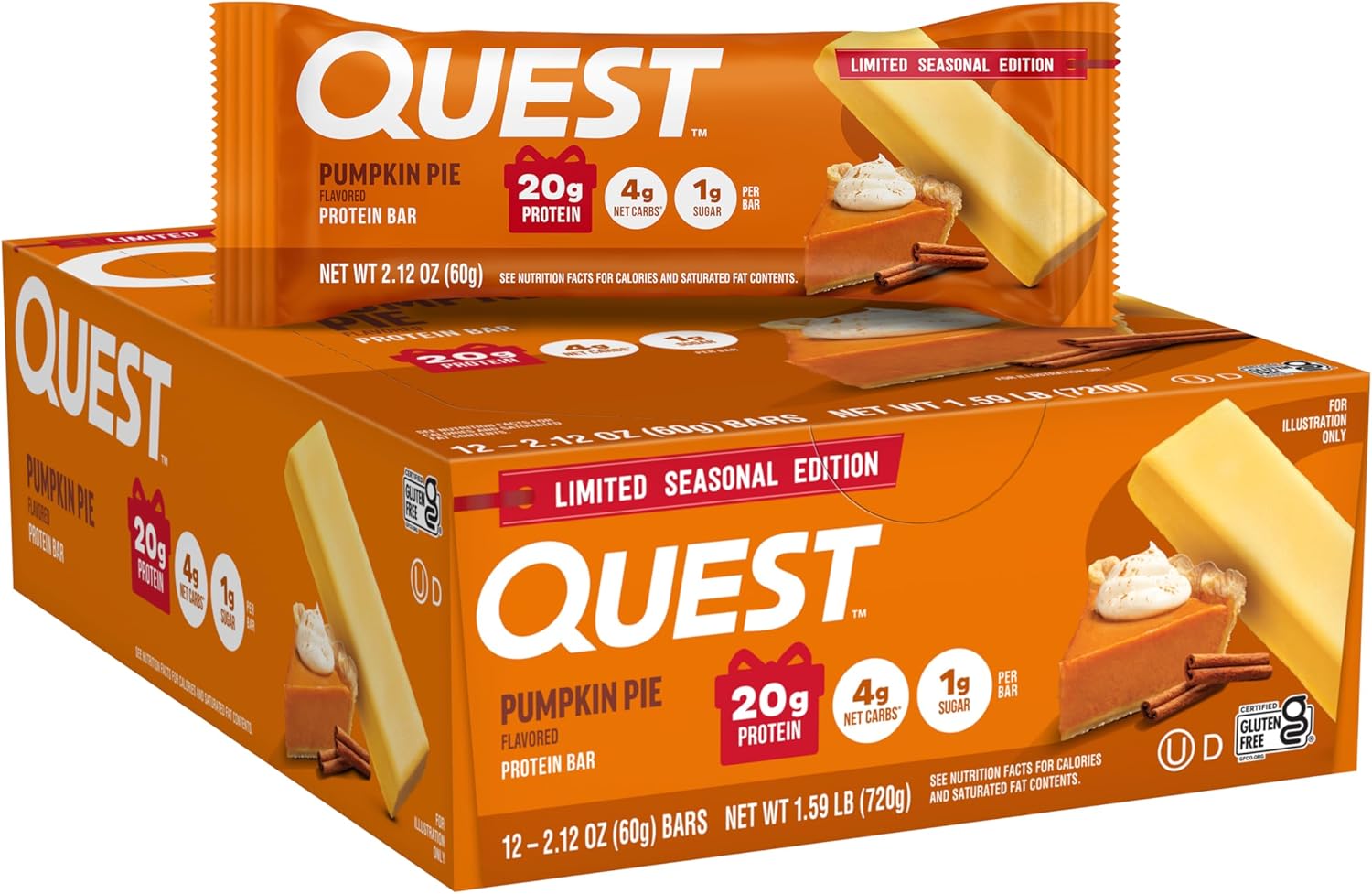 Quest Nutrition Pumpkin Pie Protein Bar, 20g Protein, 4g Net Carb, 1g Sugar, Gluten Free, 12 Count