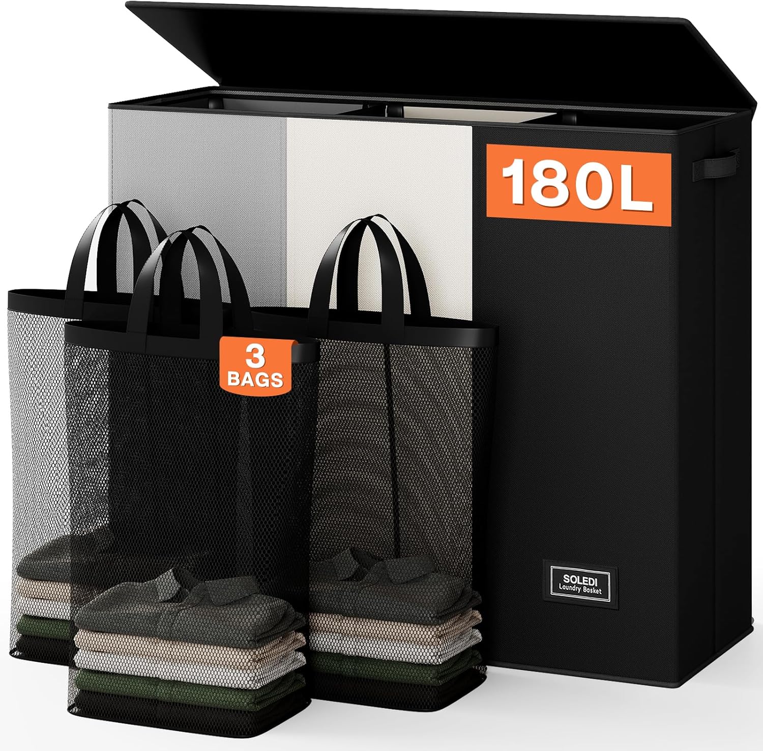 SOLEDI Laundry Hamper 3 section with lid and 3 Pcs Laundry Bag, Large Hamper 3 compartment 180L, Laundry Basket Laundry sorter Clothes hamper for Laundryroom Bedroom Blanket Storage Organizer