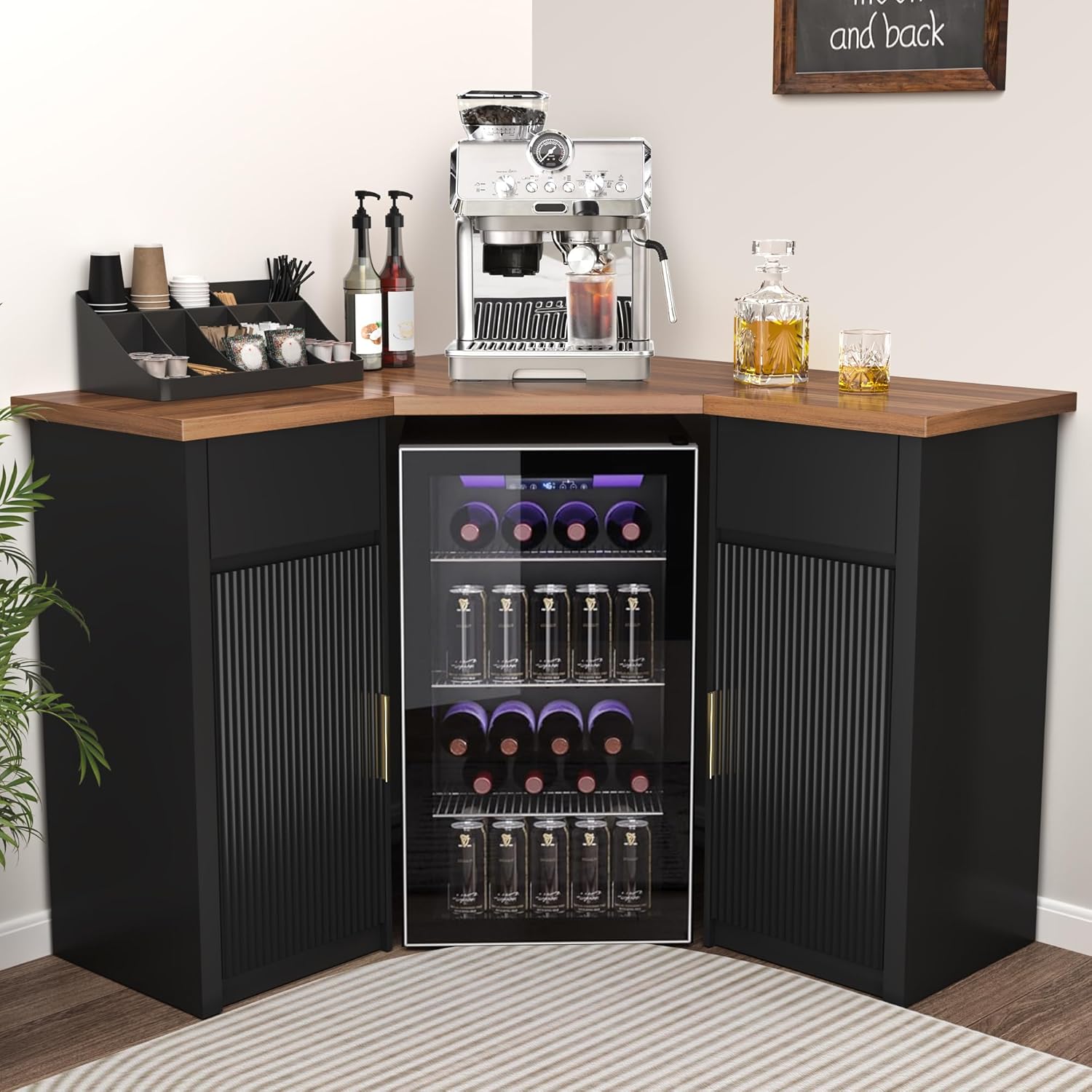 GDLF Corner Bar Cabinet with Fridge Space, Corner Coffee Bar Station with Storage, L Shaped Liquor Wine Cabinet for Home