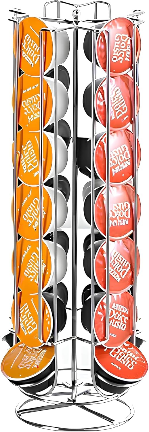 Coffee Pod Stand 28 pc, Silver, Compatible with Nescafe Dolce Gusto Capsules, Rotating Coffee Capsule Stand, 5.9" x 5.9" x 13.8 "(15 cm x 15 cm x 35 cm)