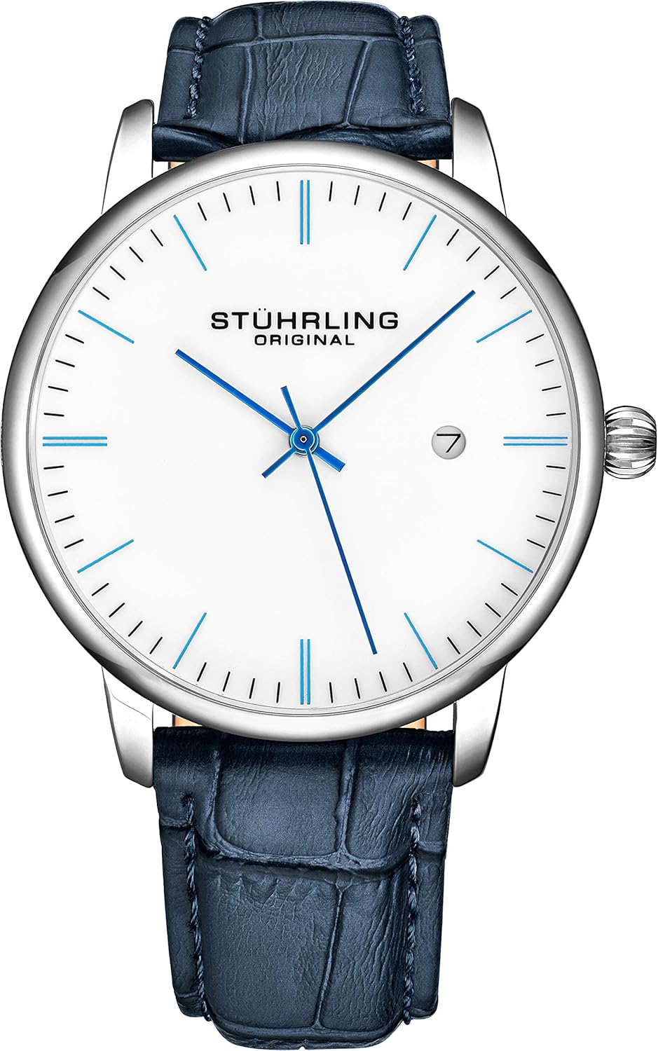 Stuhrling Original Chronograph Watch Men's Watches 44mm Steel Case Blue Dial with Leather Strap Tachymeter 24-Hour Subdial