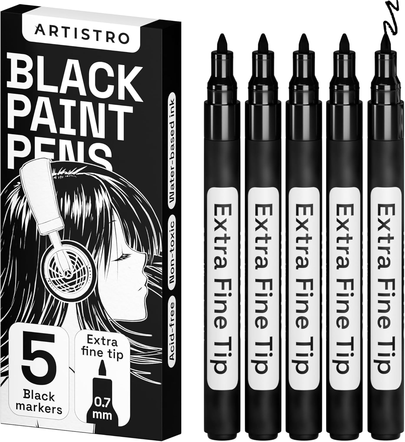 ARTISTRO Black Paint Pens for Rock Painting, Stone, Ceramic, Glass, Wood, Tire, Fabric, Metal, Canvas. Set of 5 Water Based Black Markers for Acrylic Painting Extra Fine Point Tip