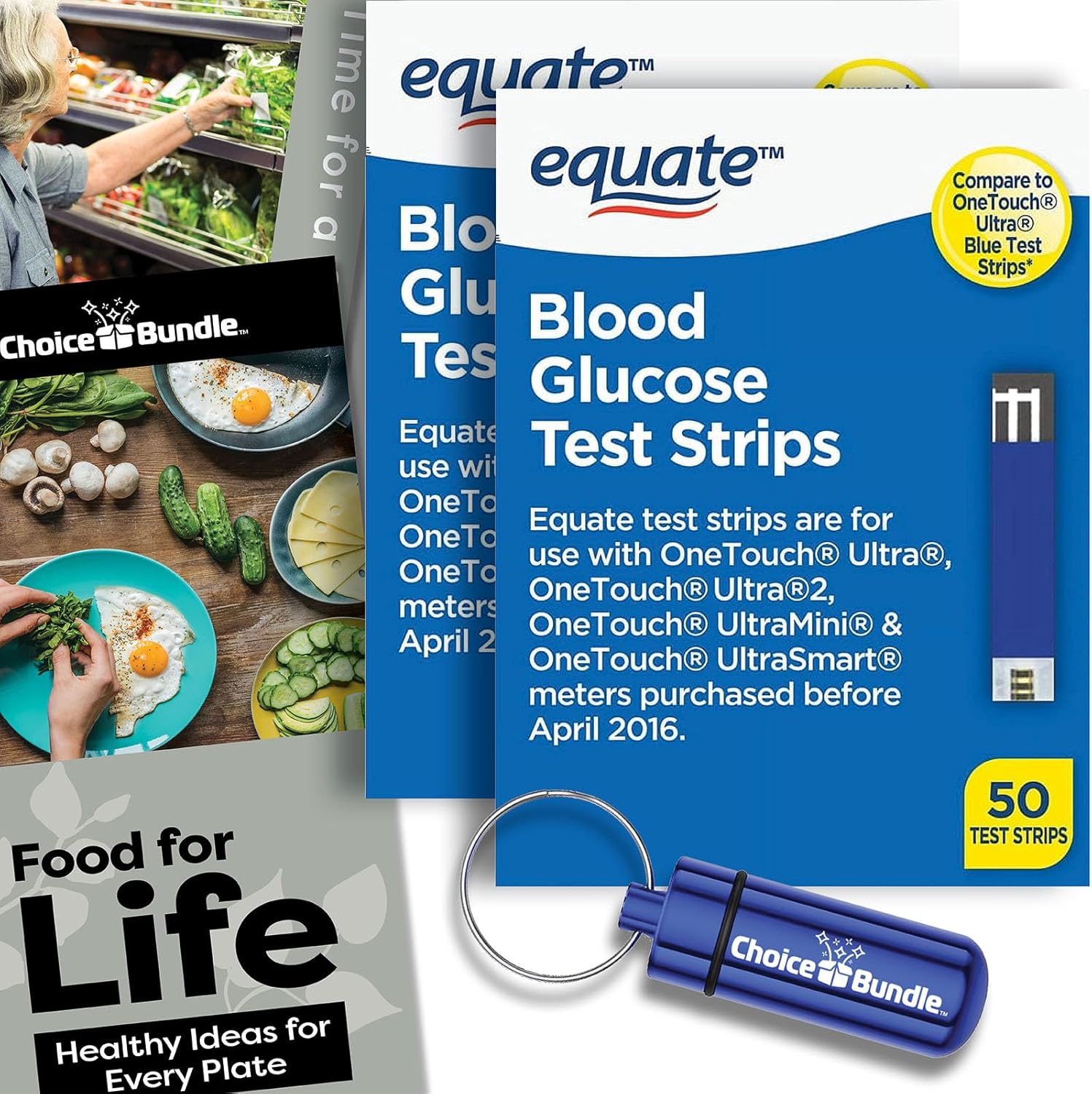 Equate Blood Glucose Test Strips for OneTouch Ultra, Ultra 2, Ultra Mini, One Touch Ultra Smart 50 Ct 2 Pk Choice Bundle (100 Total) + Food Guide & Pill Container (4 Items)!