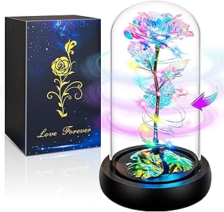 Childom Rotating Birthday Gifts for Women,Christmas Rose Gifts for Women,Light Up Rose in Glass Dome,Spinning Colorful Rainbow Rose Flower Gifts Rose Gifts for Her Christmas,Thanksgiving,Anniversary