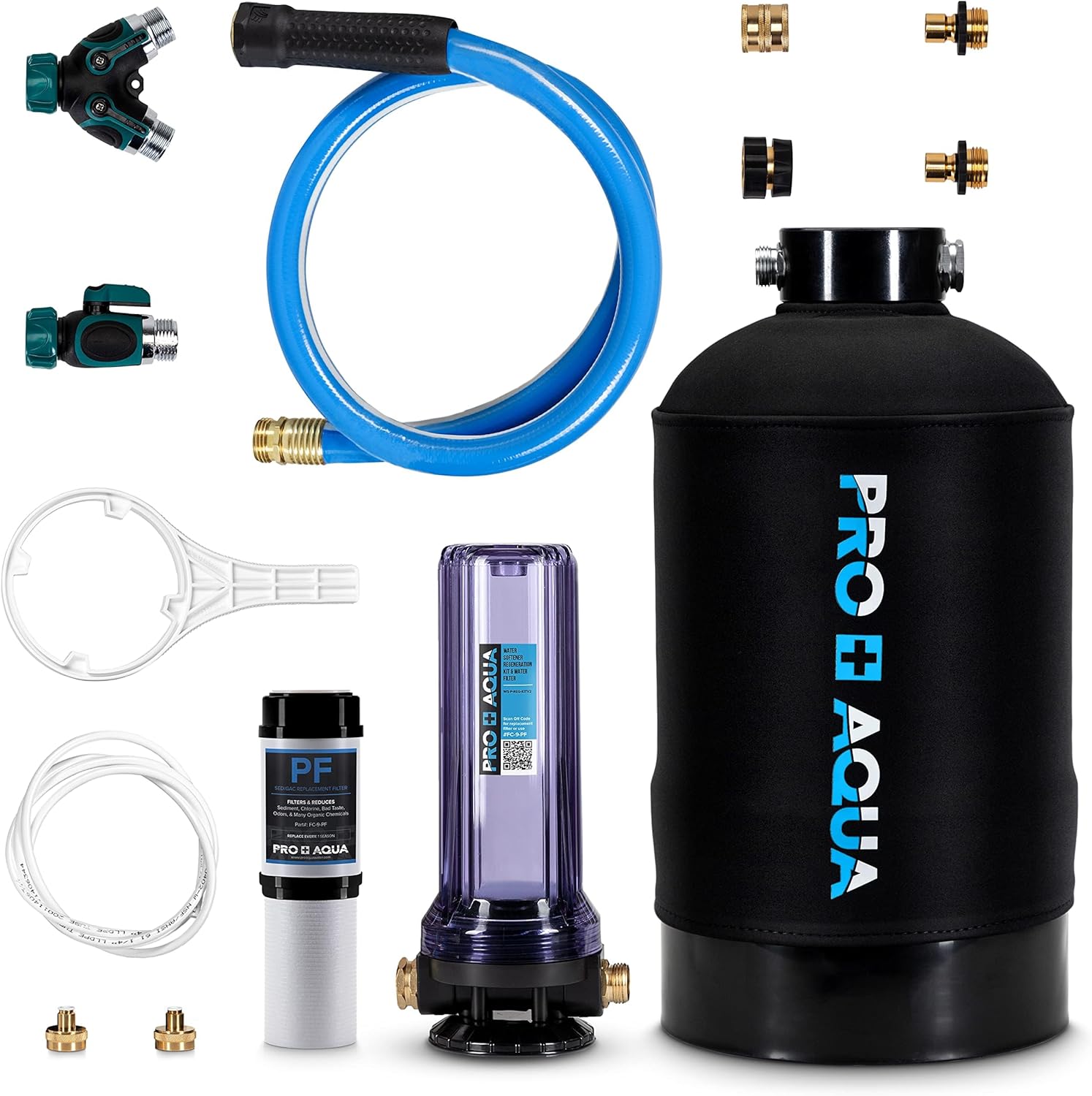 PRO+AQUA Portable RV Water Softener 16,000 Grains and Filtration System Bundle, Filter and Soften Hard Water for RV Trailers Vans