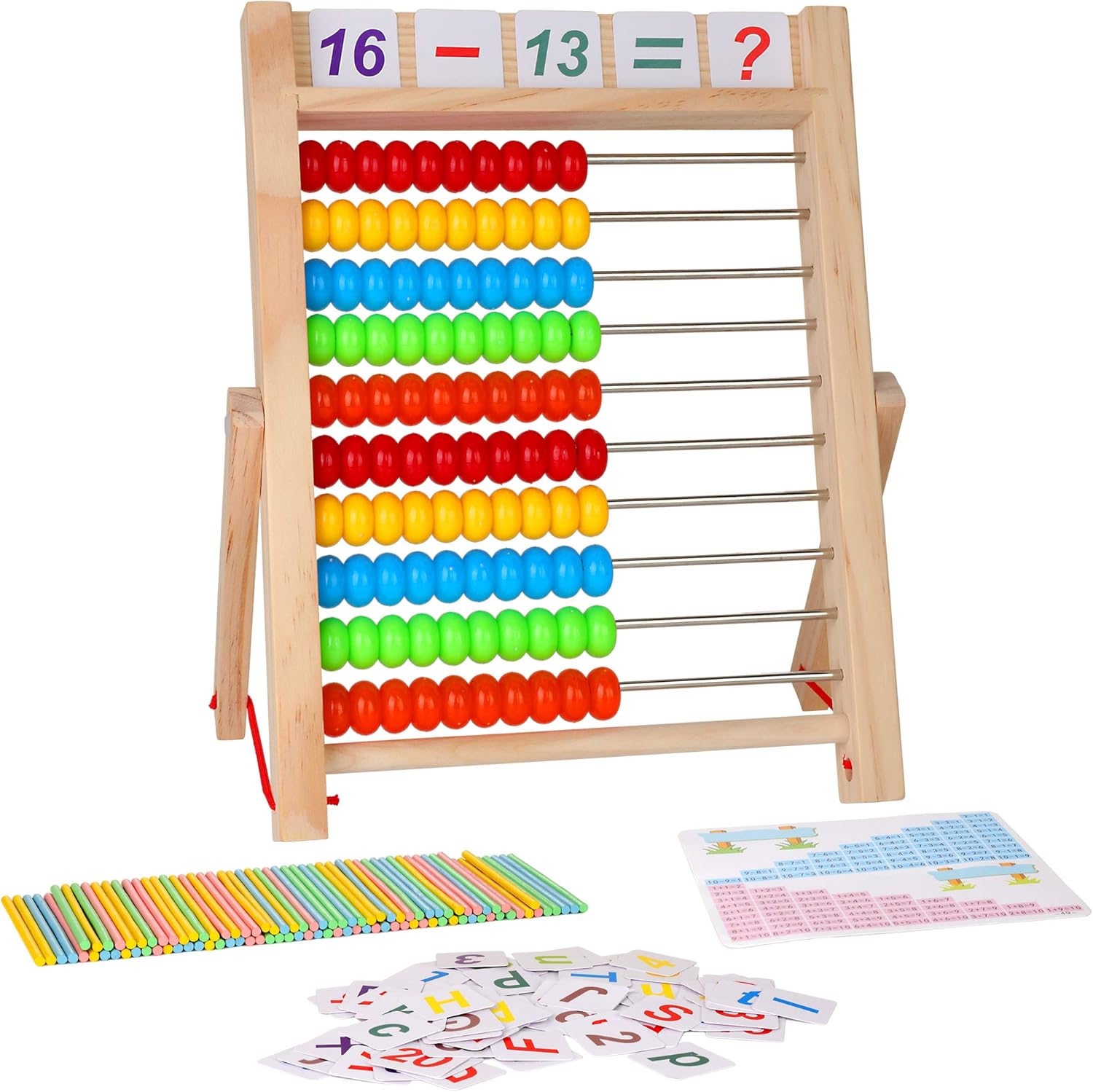 KIDWILL Preschool Math Learning Toy,10-Row Wooden Frame Abacus with Multi-Color Beads, Counting Sticks, Number Alphabet Cards, Gift for 2 3 4 5 6 Years Old Toddlers Boys Girls