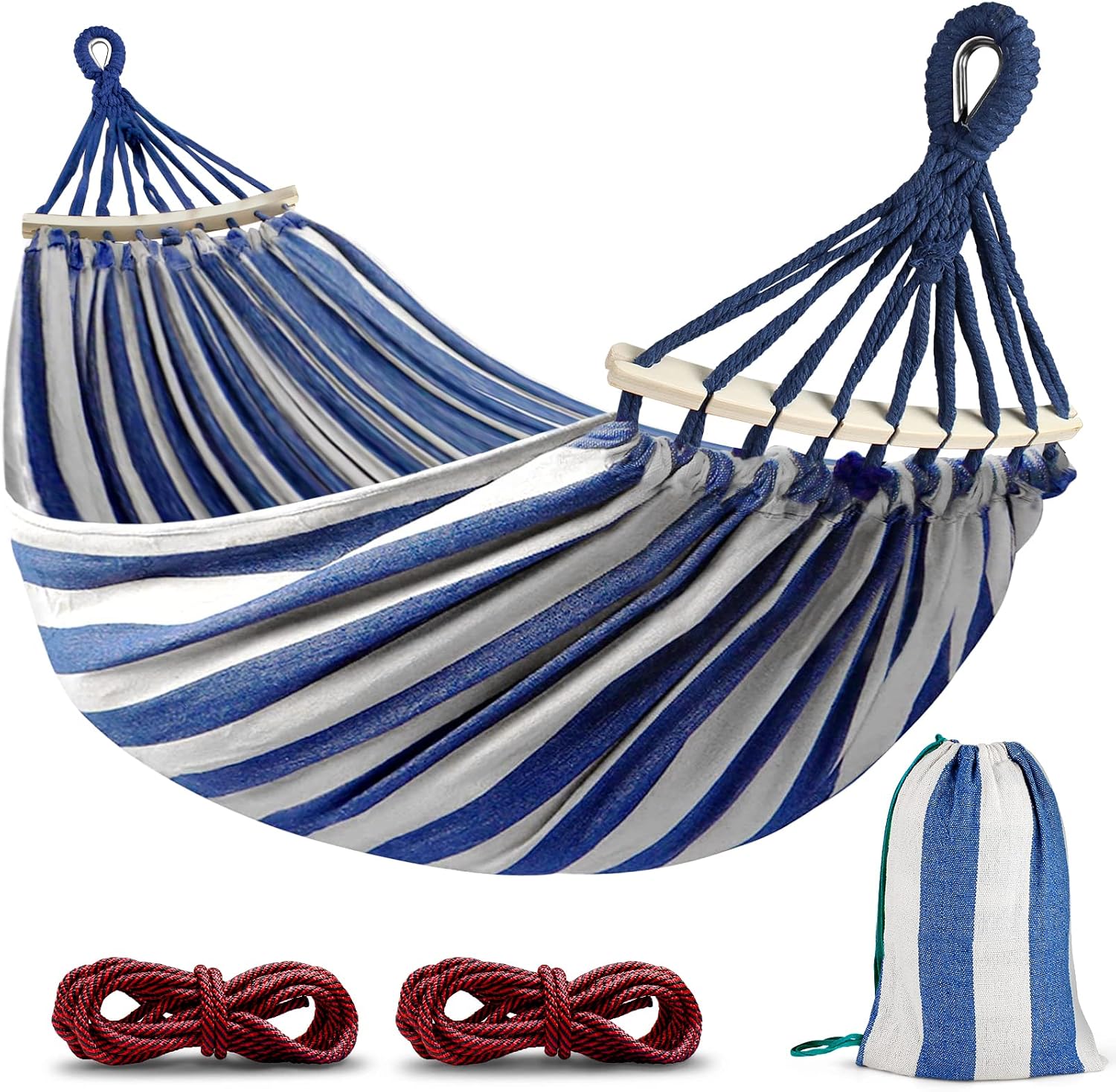 MOSFiATA 275x155cm Hammock with Spreader Bars, Camping Hammock Outdoor, with Thickened Durable Canvas Fabric and Sturdy Metal Knot, 550 lb Load Capacity, for Backyard, Garden, (Blue White)