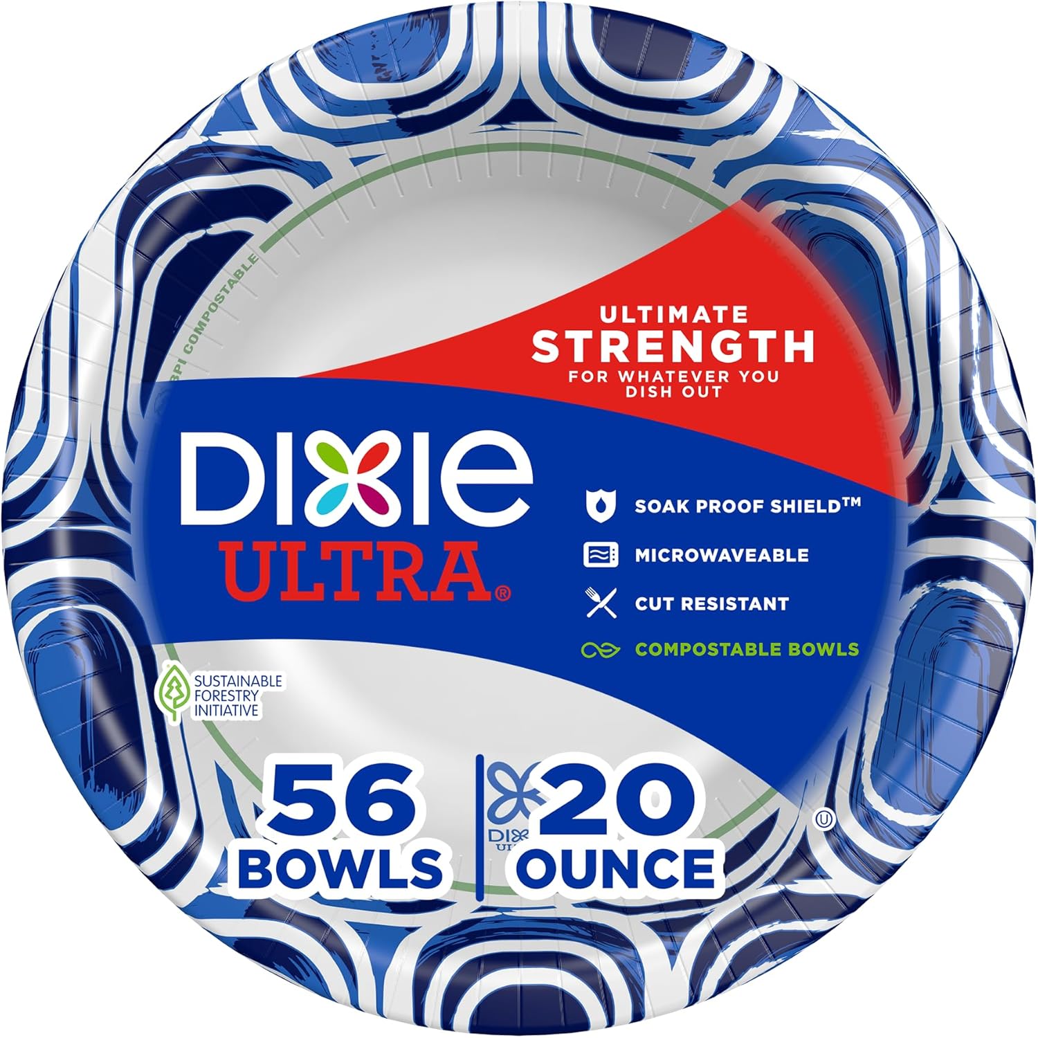 Dixie Ultra, Large Paper Bowls, 20 Oz, 56 Count, Microwave Safe, Compostable, Disposable Bowls Great For Breakfast, Lunch, And Dinner Meals