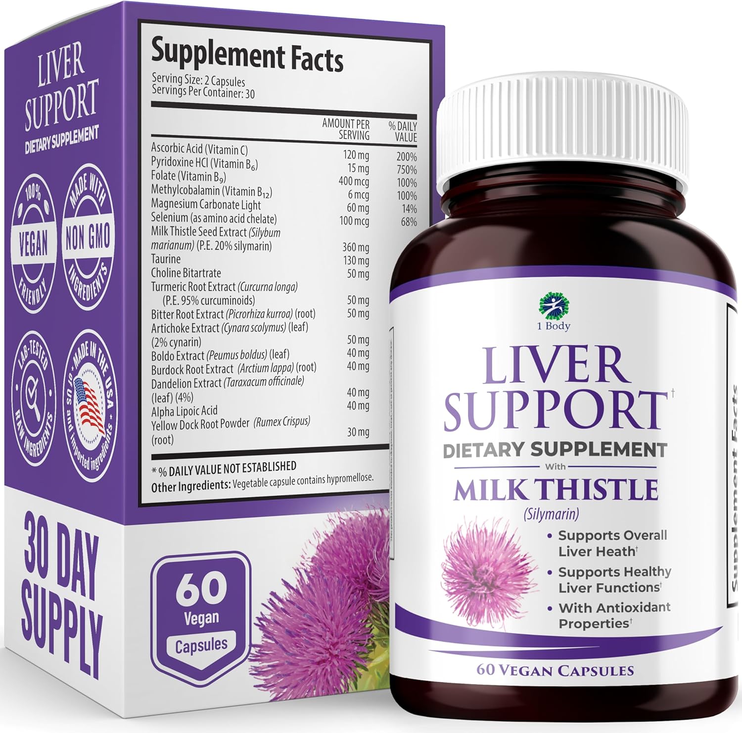 1 Body Liver Support Supplement – Milk Thistle, Dandelion Root & Artichoke for Liver Cleanse & Function, Natural Liver Health Formula, Non-GMO, Vegan 60 Capsules