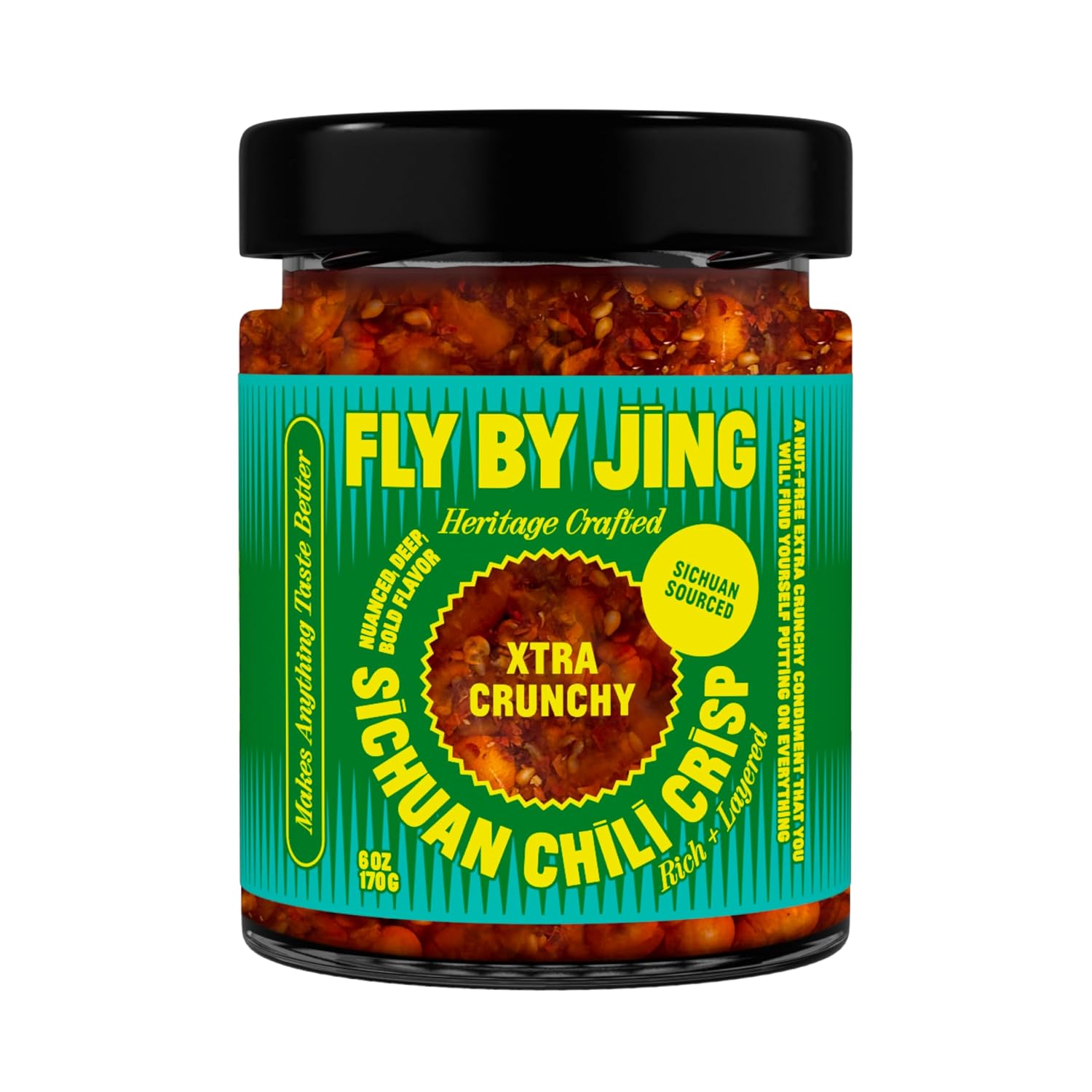 FLYBYJING Xtra Crunchy Sichuan Chili Crisp: Spicy, Tingly, Savory, Vegan, Nut-Free, Sugar Free Premium Chili Crunch - Good on Noodles, Proteins, Veggies and Everything, 6oz (Pack of 1)