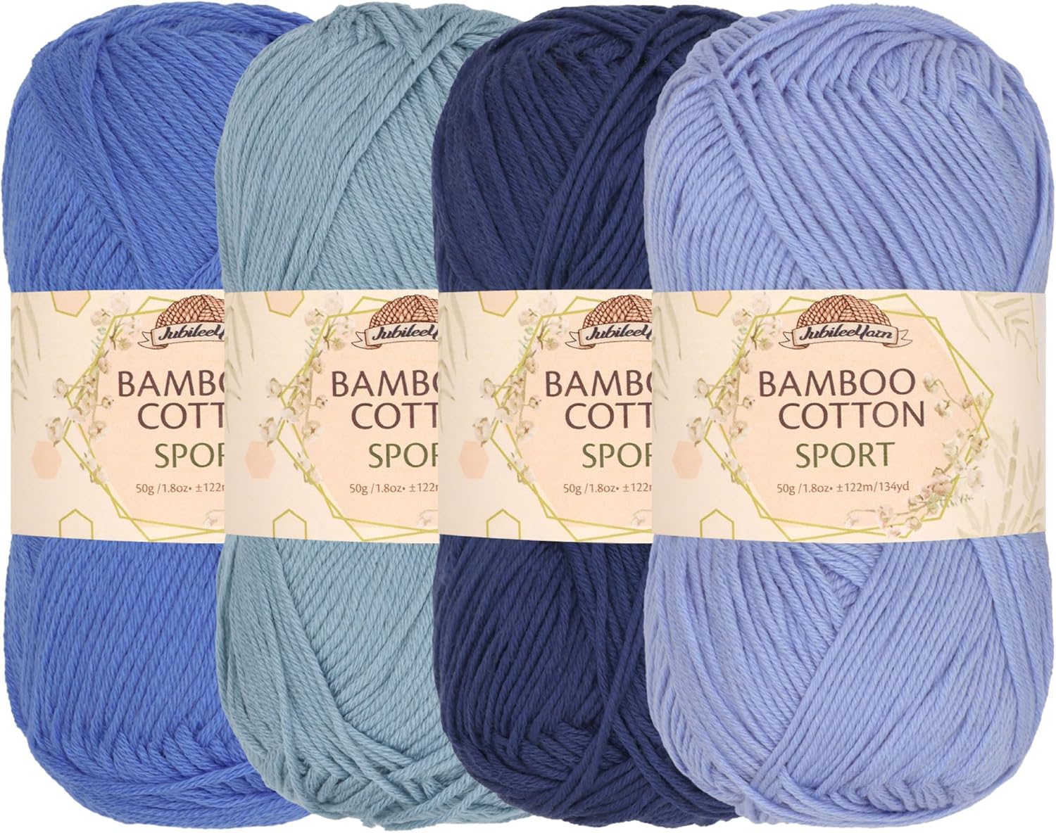 JubileeYarn Bamboo Cotton Sport Yarn - 50g/Skein - Shades of Blue - 4 Skeins