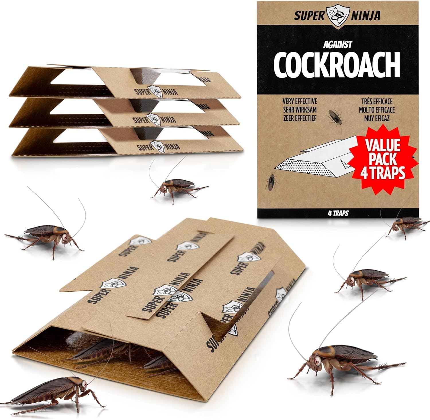 Super Ninja Cockroach Traps for Indoors – 4 Pack, Cockroach Control for Indoor Infestation, Safe & Toxin-Free Trap with Food Attractant, Nature-Friendly Pest Solution for Home, Garage & Shed