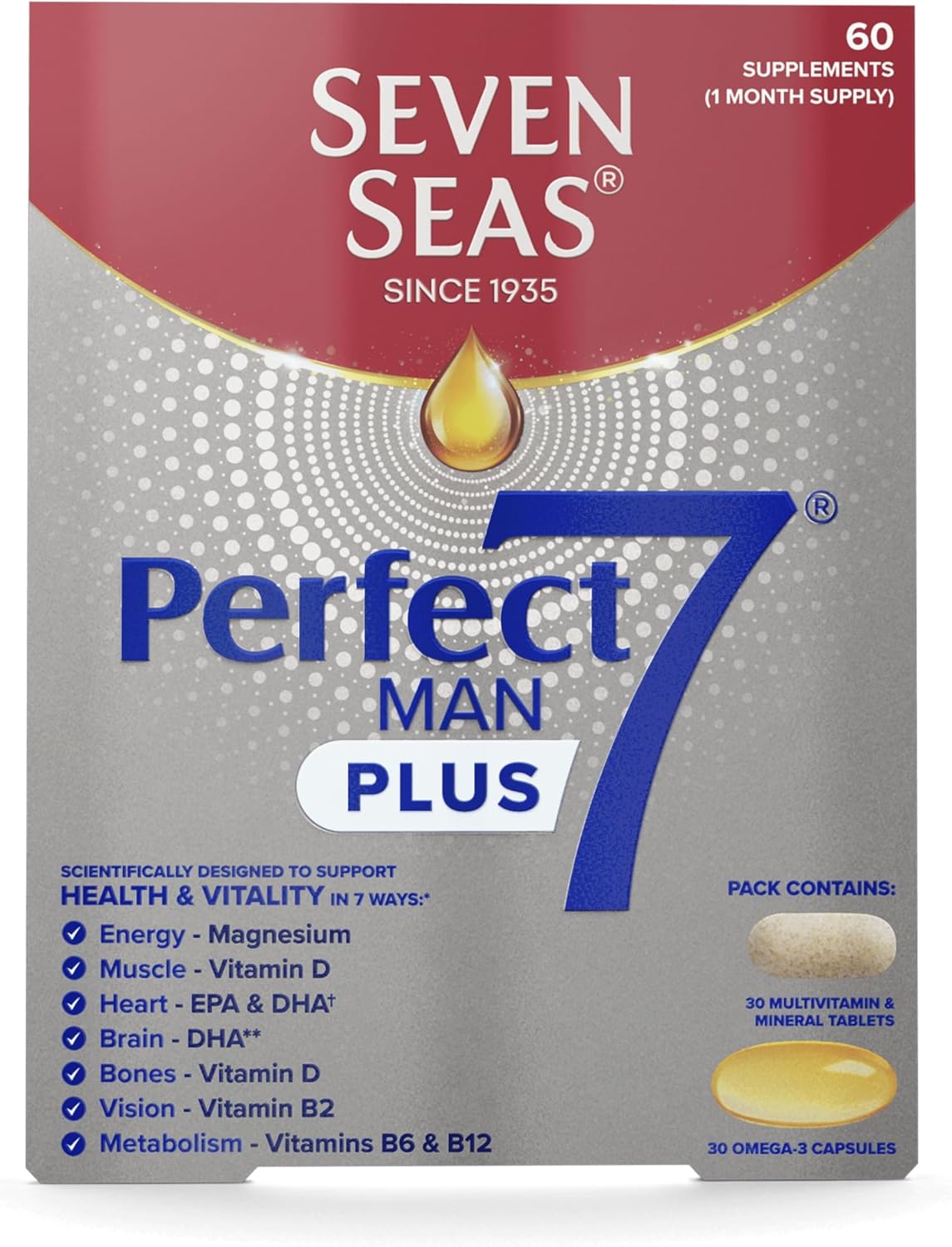 Seven Seas Perfect7 Man Plus Multivitamin, With 1000 mg Fish Oil, 60 High Strength Tablets, 250 mg EPA & DHA, Duo Pack: 30 Capsules + 30 Tablets