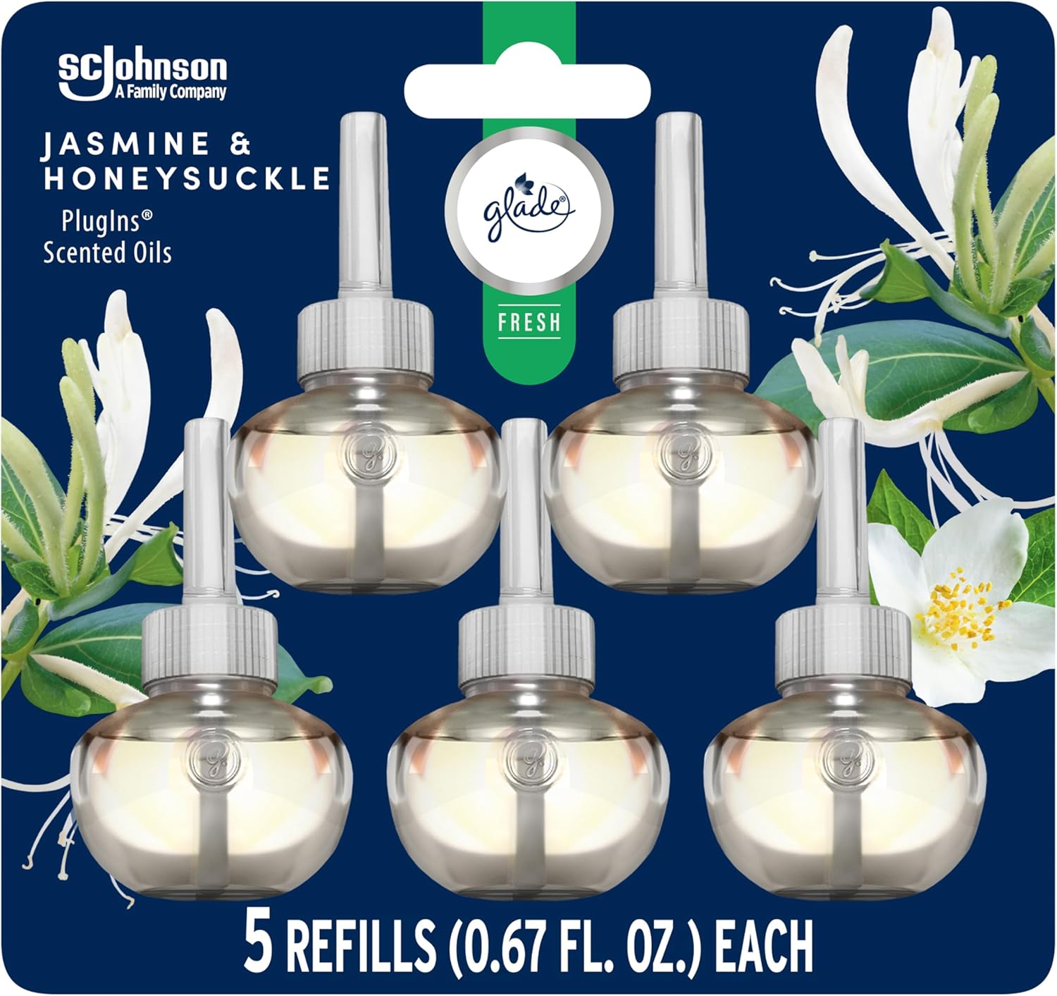 Glade PlugIns Refills Air Freshener, Jasmine & Honeysuckle, Scented and Essential Oils for Home and Bathroom, 0.67 Fl Oz, 5 Count