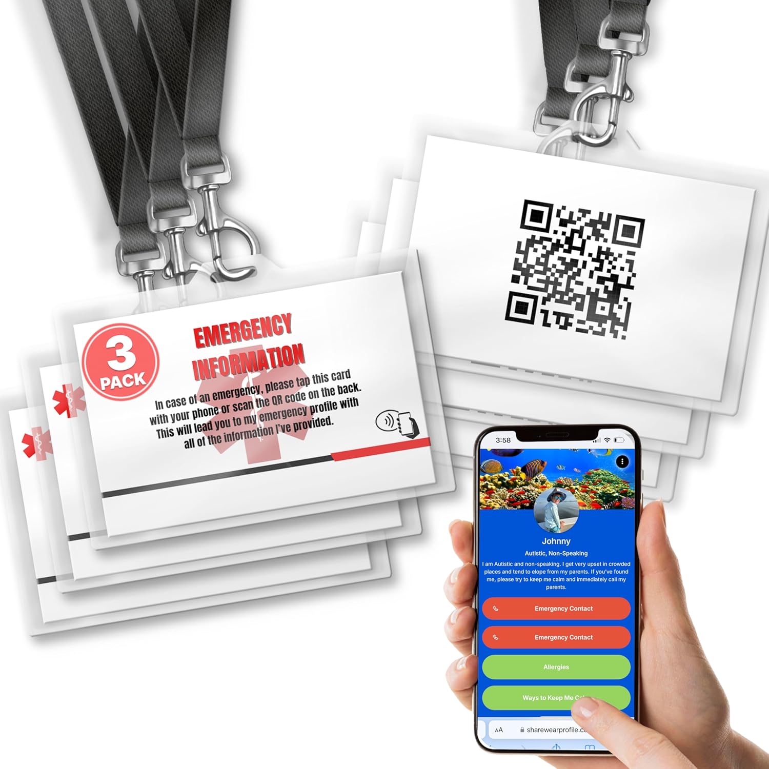 Emergency Medical Card - NFC & QR Code Enabled, Waterproof, Includes Lanyard, Customizable Digital Profiles, Ideal for Medical Conditions & Emergency Contact Info, Cruise Cards (3)