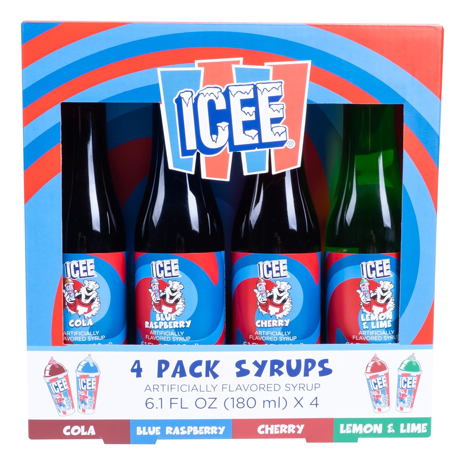 ICEE 4 Pack Slushie Syrups. Genuine ICEE Slushy syrups including Cola, Cherry, Blue Raspberry & Lemon & Lime Flavors. 4 x 6.1floz. Officially Licensed ICEE Merchandise from Fizz Creations.
